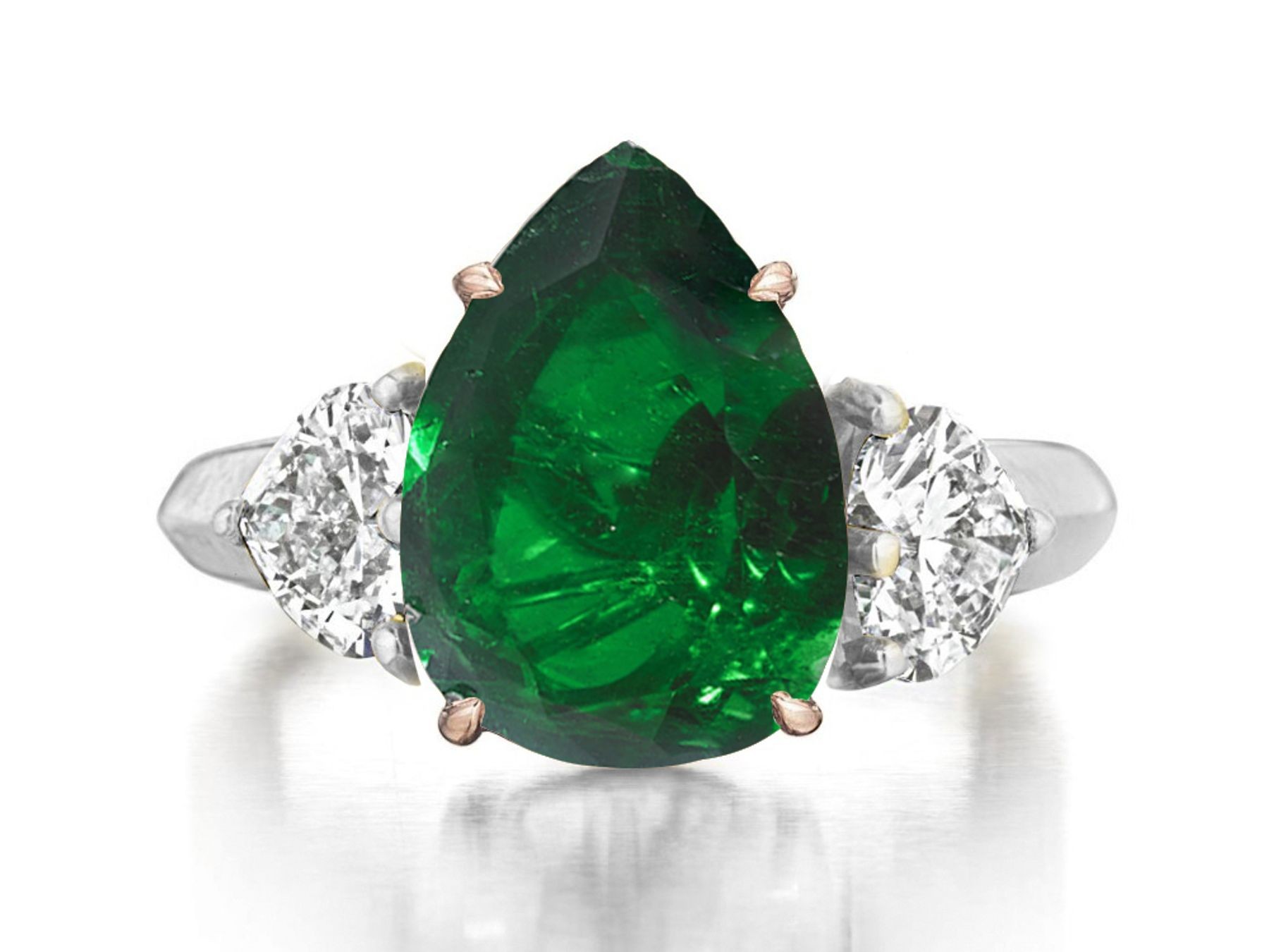 Made to Order Three Stone Rings Heart Shaped Diamonds & Pears Shaped Emerald Rings