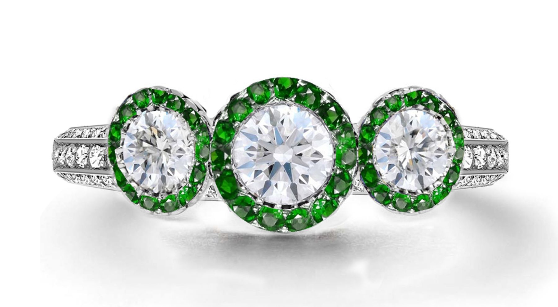 Latest Collection: Delicate Halo Micropave Side Accents Green Emeralds & Diamonds Engagement Rings