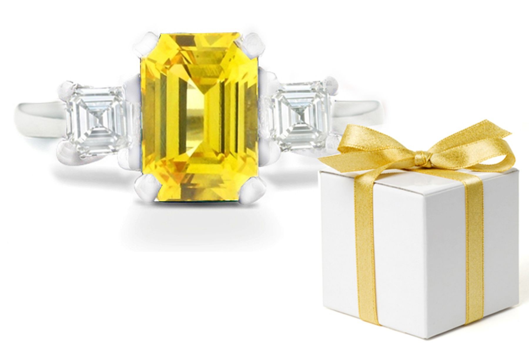 Sapphire the bestower of innocence, truth, good, and prserver of chasity. Emerald-Cut Yellow Sapphire with Princess-Cut Diamond in Platinum 14k White Gold