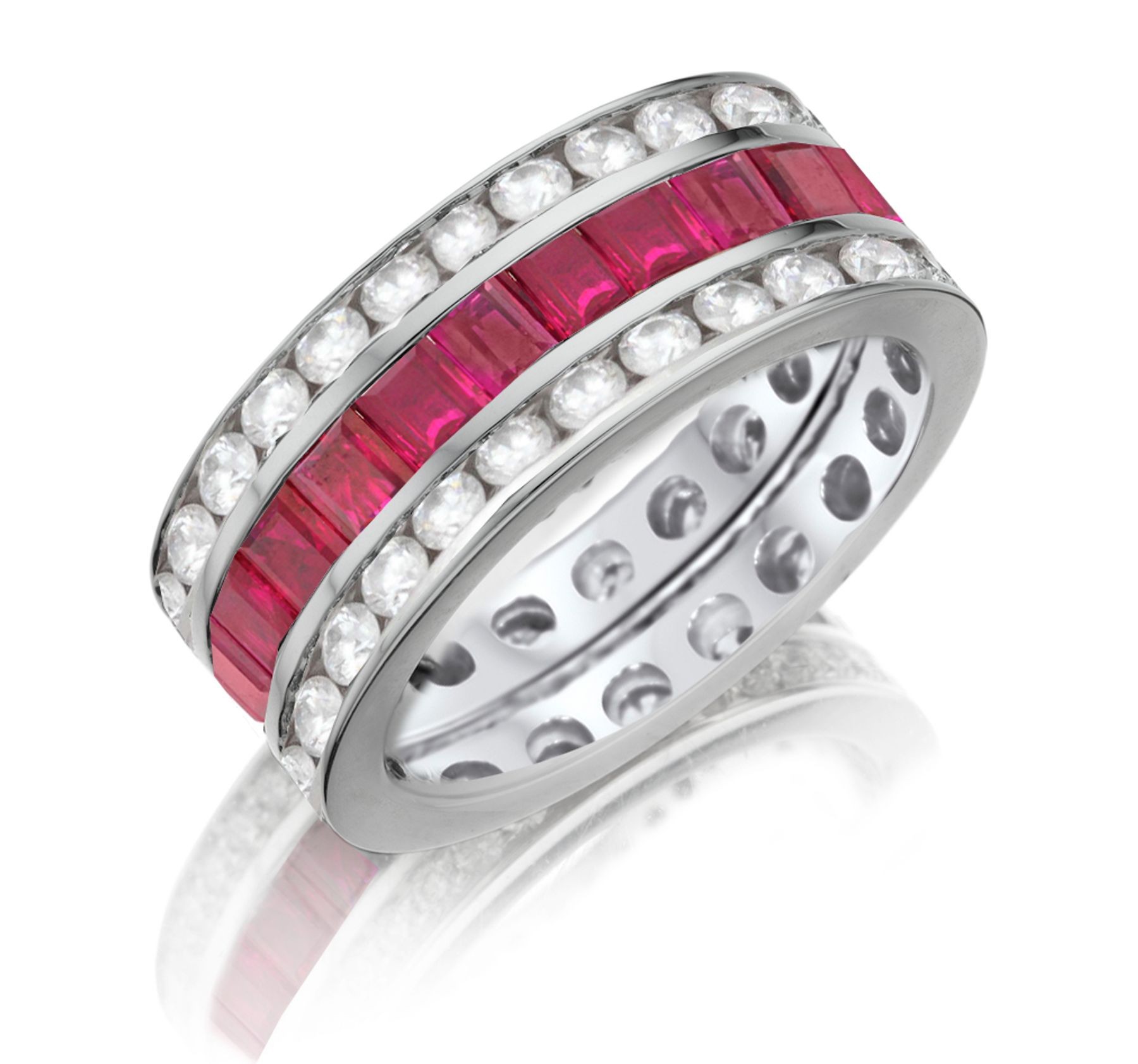 Made To Order Just For You Round & Emerald Cut Ruby & Diamond Prong Set Eternity Wedding Band Rings
