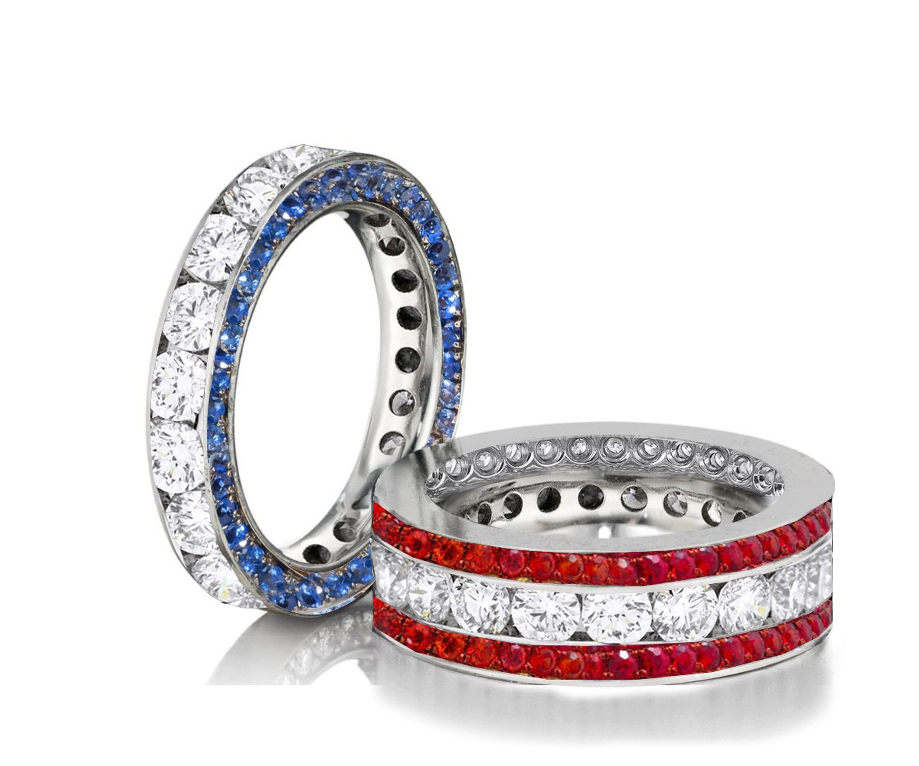 Made to Order Channel Set Brilliant Cut Round Diamonds, Rubies & Blue Sapphires Set Eternity Rings & Stackable Bands