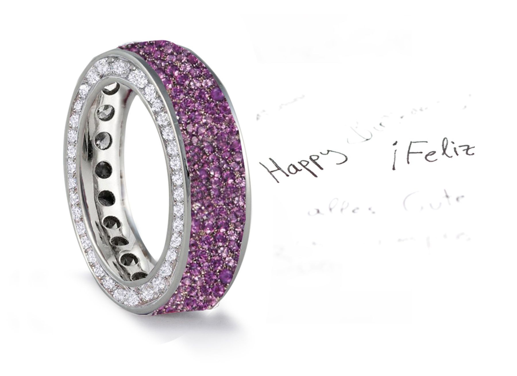 Made to Order French pave Set Brilliant Cut Round Diamonds & Purple Sapphires Eternity Rings & Bands