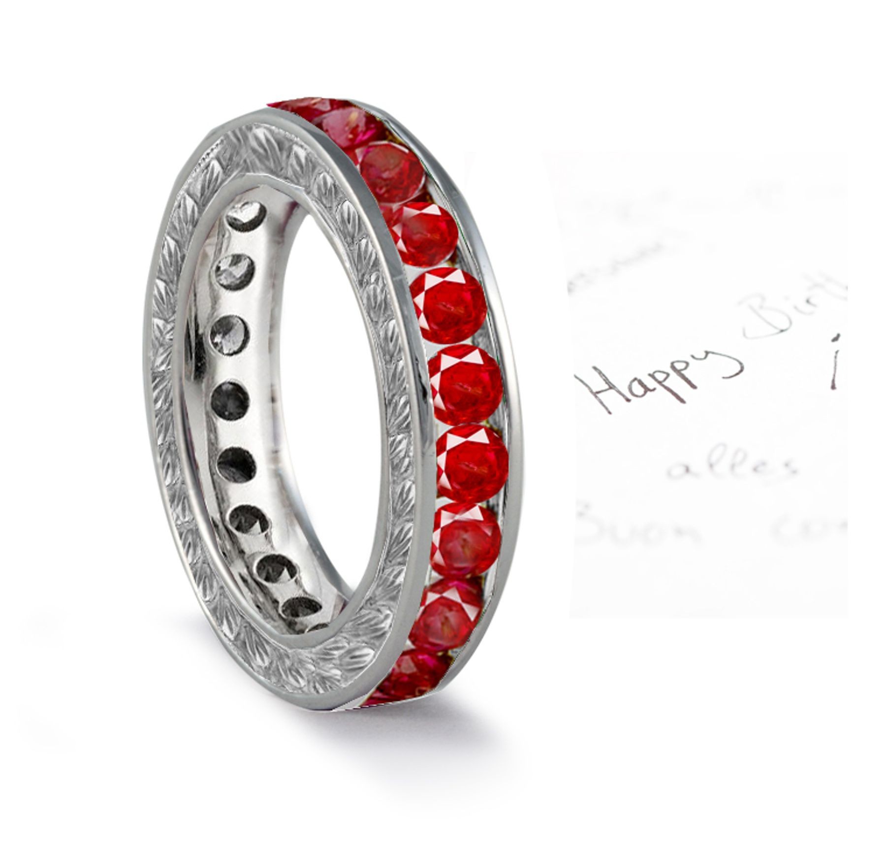 Vivid Red Ruby Wedding Band with Diamond Halo on Sides in 14k Gold