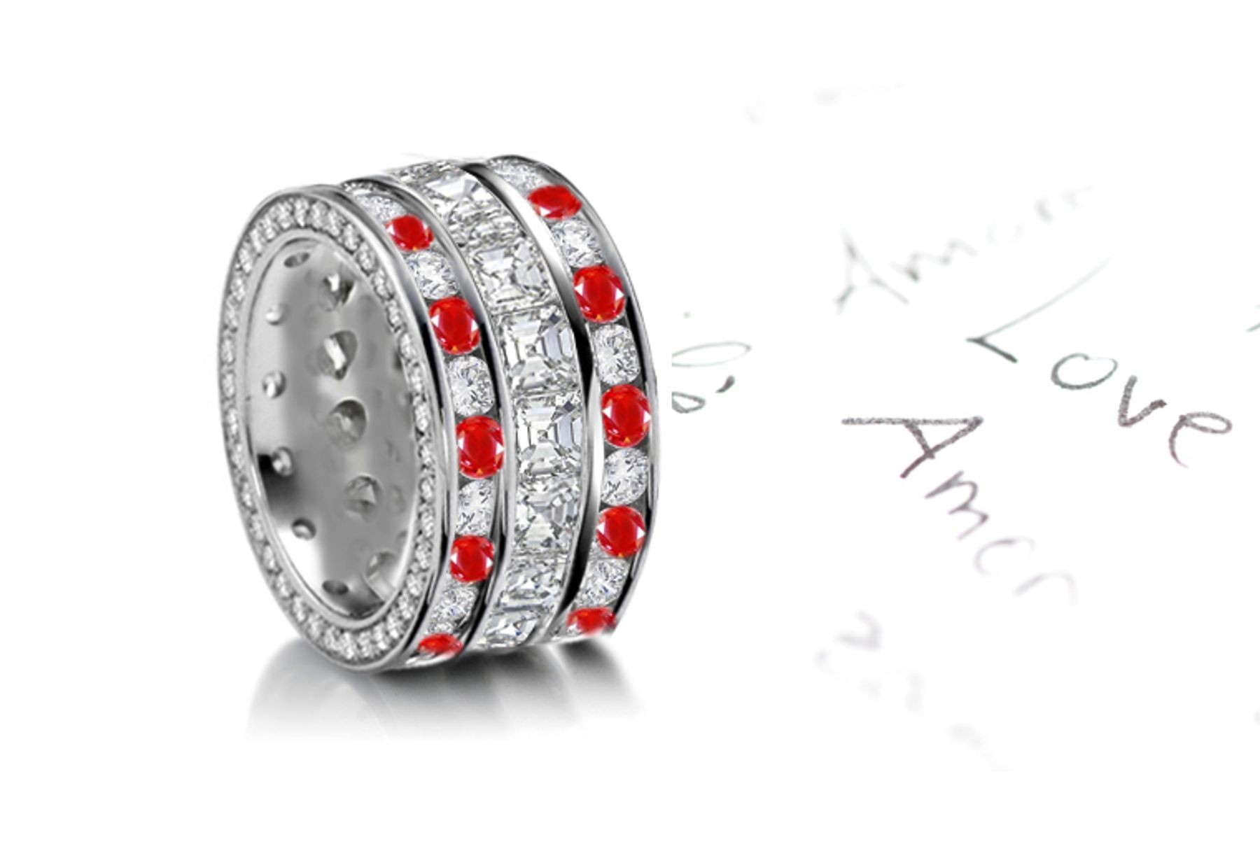 Craftsmanship: Three Sparkling Rows of Ruby & Diamond Eternity Bands in Platinum 950 Size 3 to 6