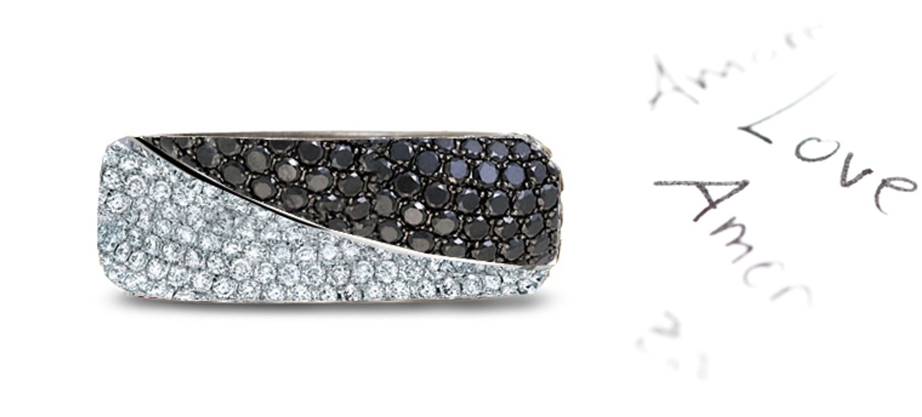 5 mm Wide Sliced in Two Wavy Halves with Metal Micropavee Encrusted White & Black Diamonds