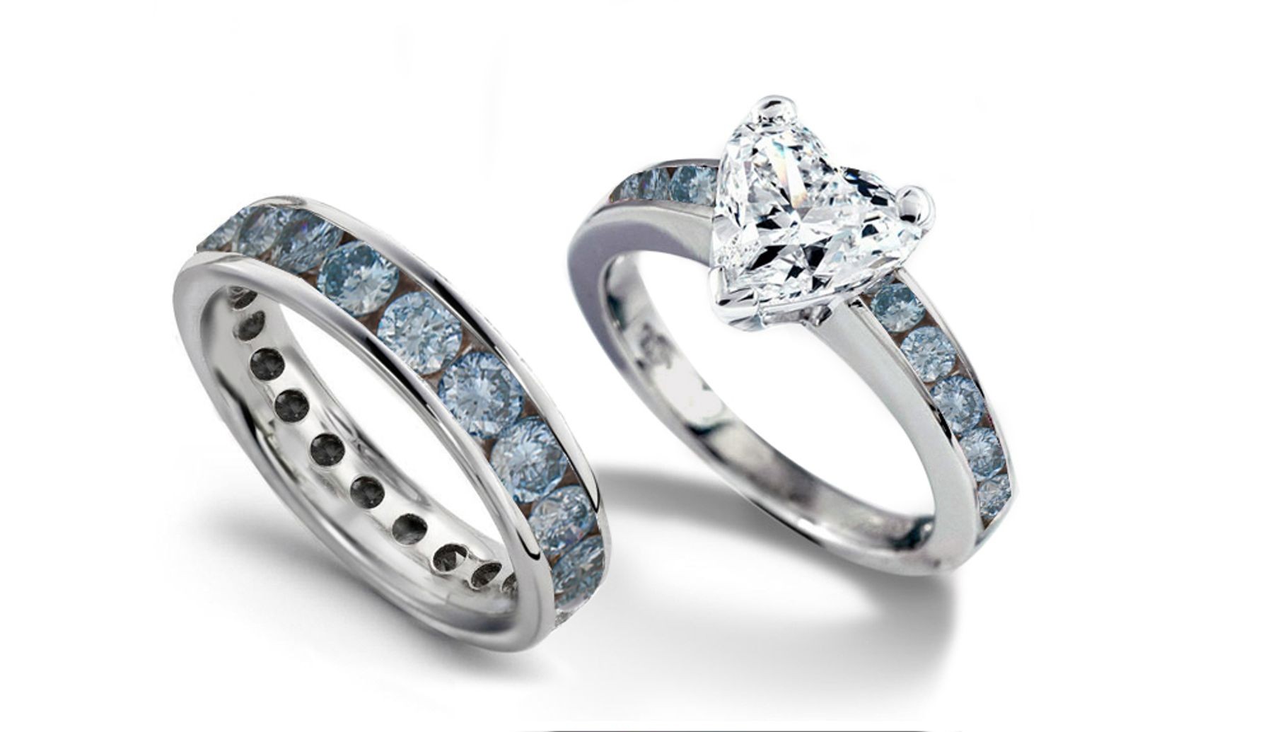 Blue Diamond Eternity Wedding Band & Matching Engagement Ring with Heart Diamond atop Blue Diamond Band