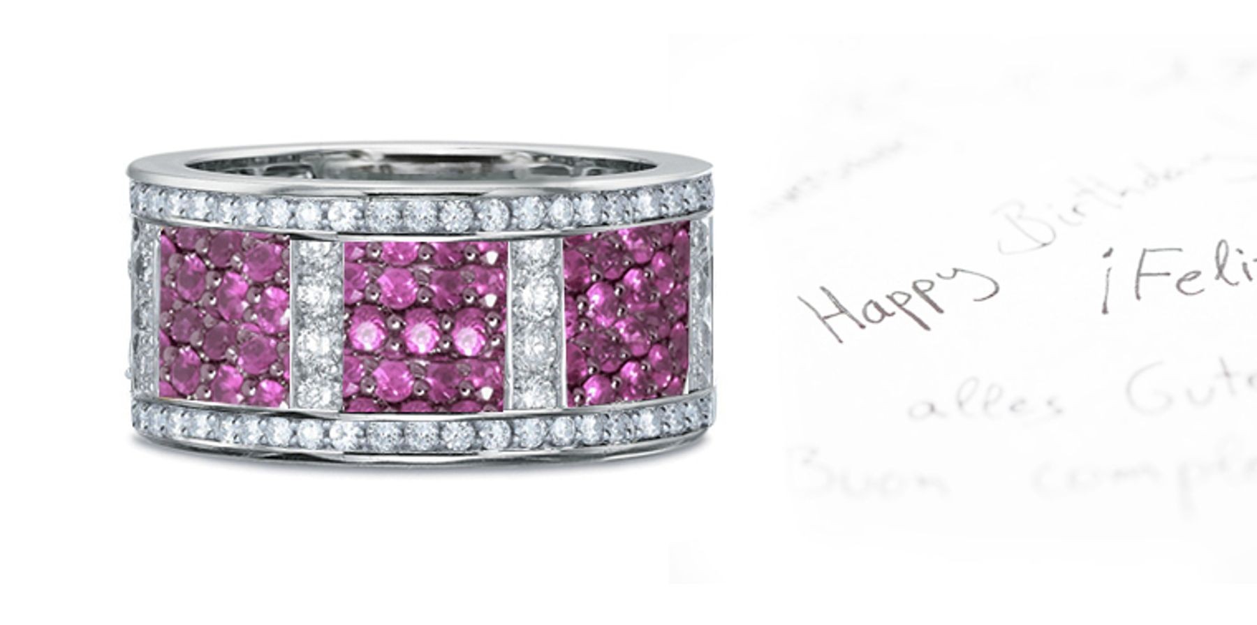 Micropavee Pink Sapphire Diamond Eternity Boxed Platinum Band