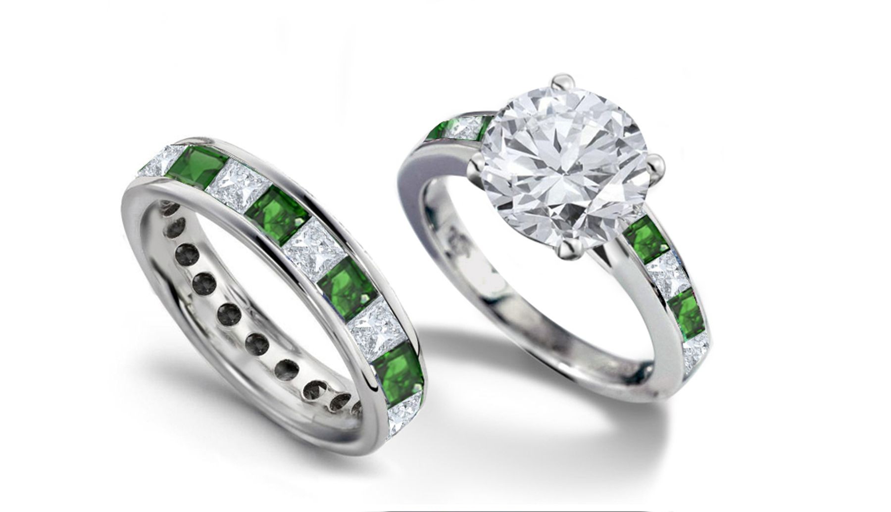 Round Diamond & Princess Cut Emerald & Diamond Engagement Ring & Wedding Wedding Band in 2 to 2.5 cts