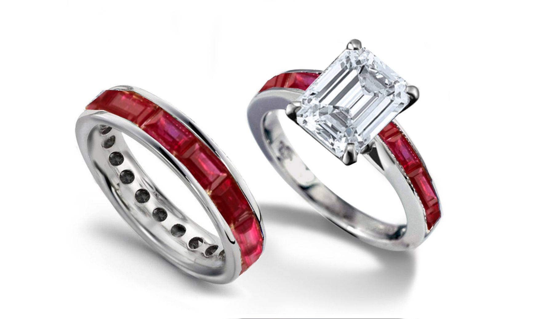 Emerald Cut Diamond & Baguette Ruby Ring & Ruby Baguette Gold Band