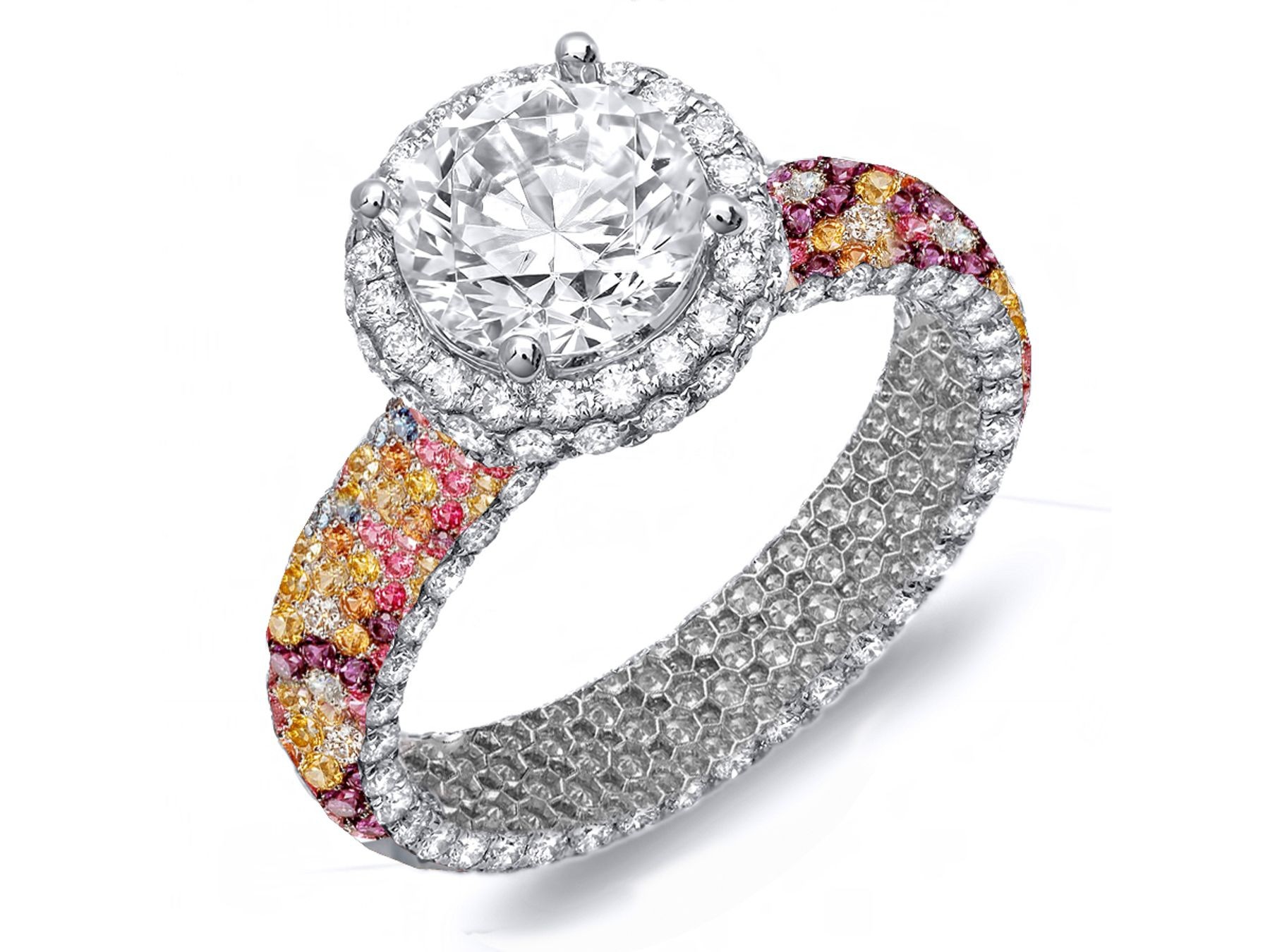 Vibrant Pave Cluster Diamond & Multi-Colored Precious Stones Rubies, Emeralds & Blue, Pink, Purple, Yellow Sapphires