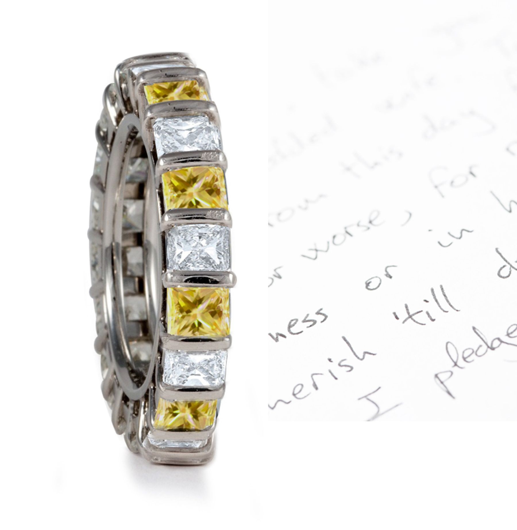 Circle of White & Yellow Princess Cut Diamonds Sparkling in Bar Settings  in Platinum or 18k Gold