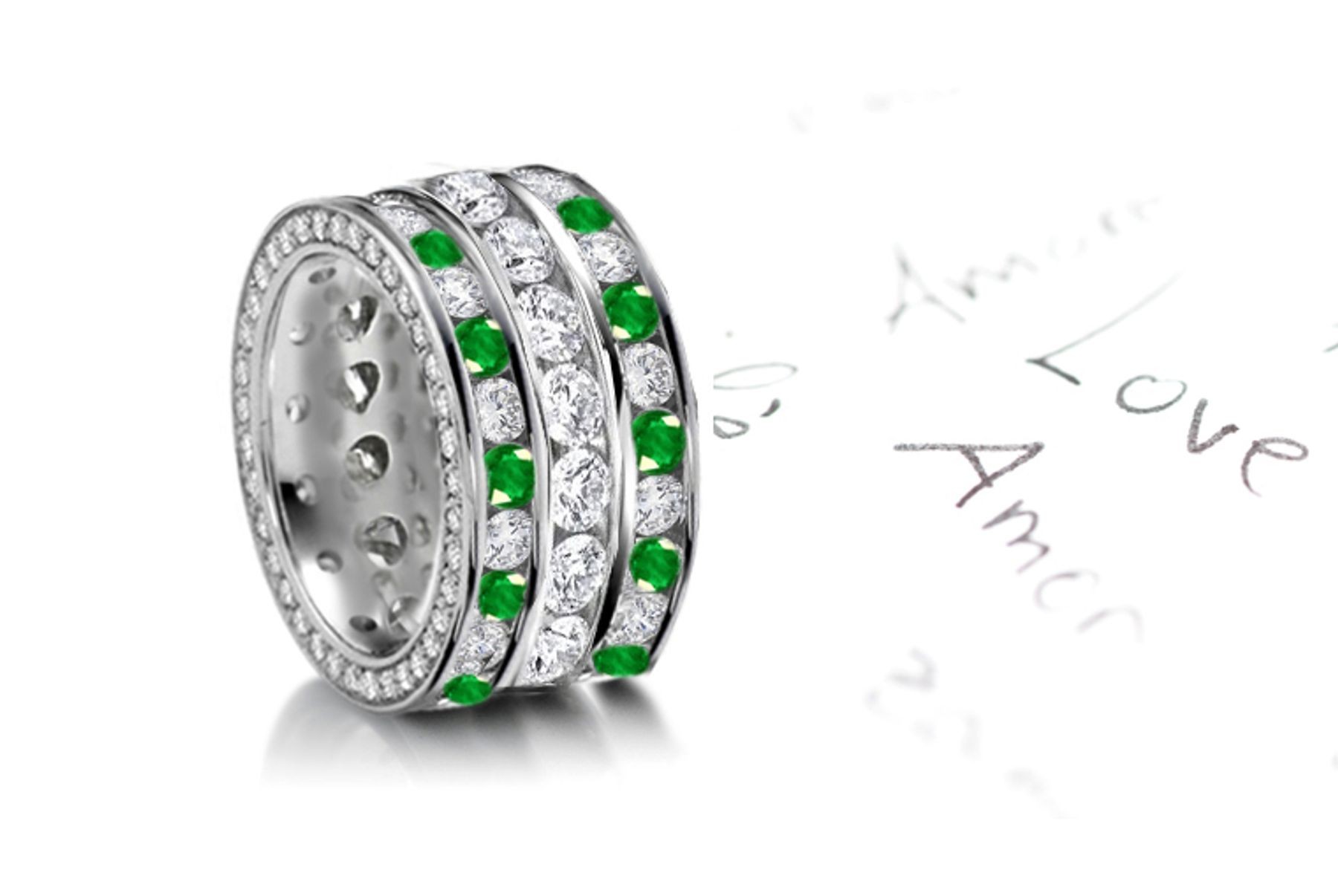Exceptional: Three Rows of Even Toned Emerald & Diamond Eternity Wedding Rings in Platinum