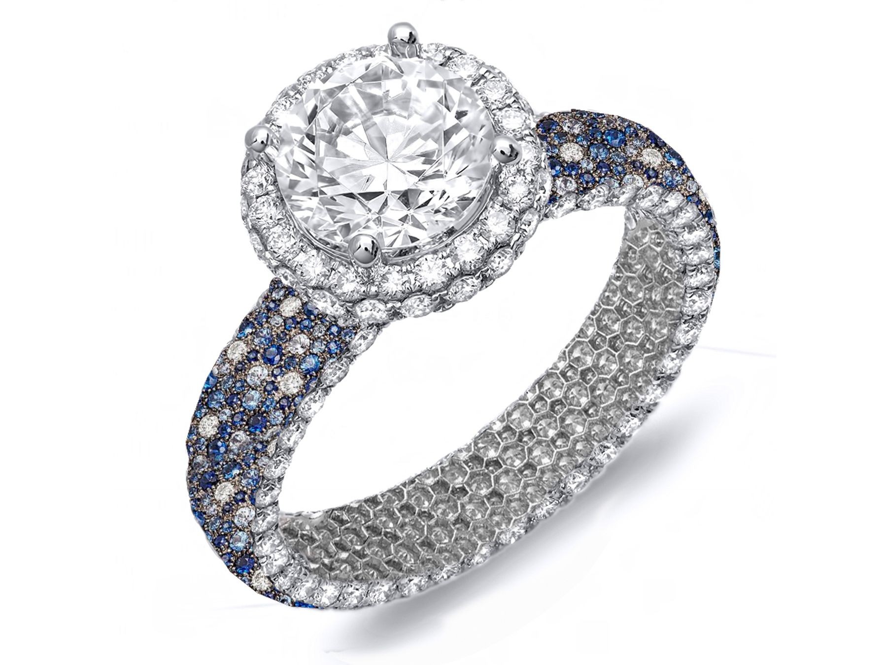 Made To Order Rings Featuring Delicate French Halo Pave Diamonds & Vivid Blue Sapphires