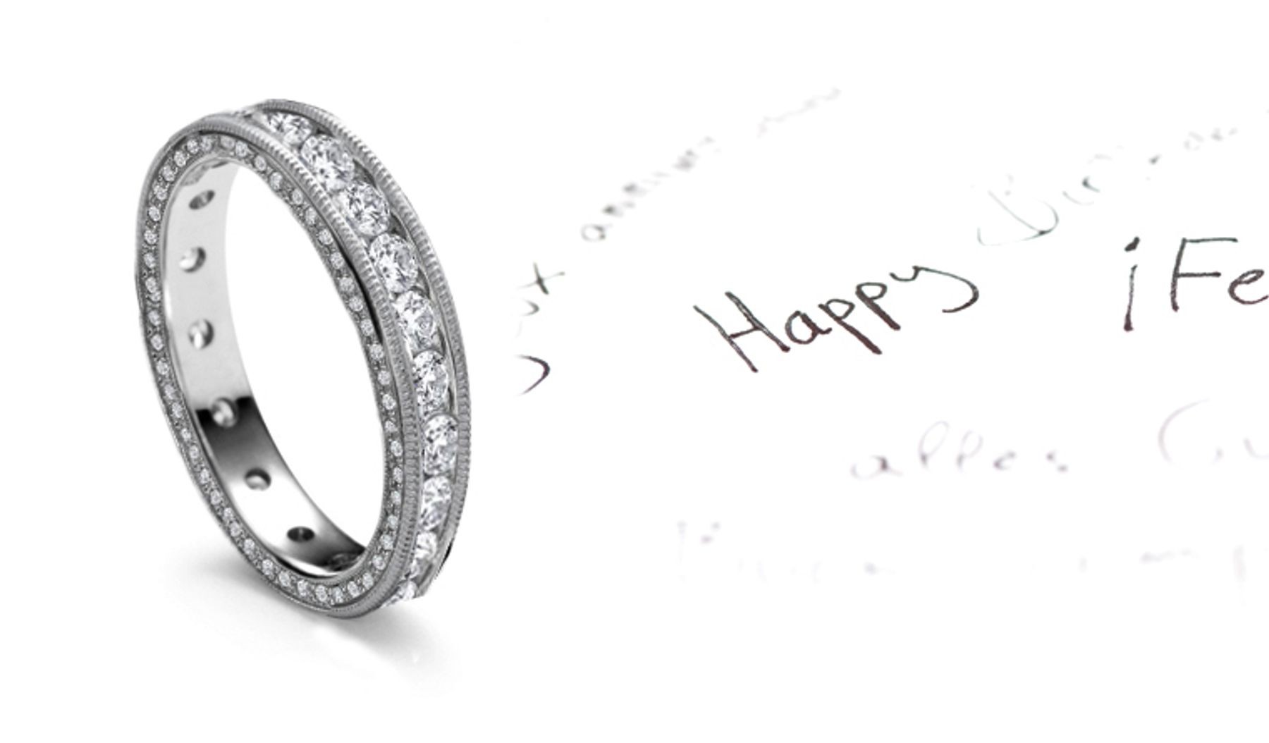 Diamond Wedding Ring Dressed With Small Diamonds Halos on Both Sides of Platinum or Gold Ring