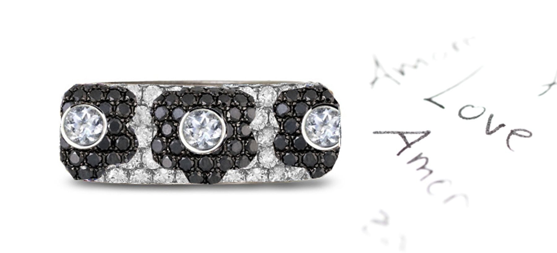 6 mm Wide Micropavé Crusted White Diamonds & Black Diamond Flower Pattern in Platinum