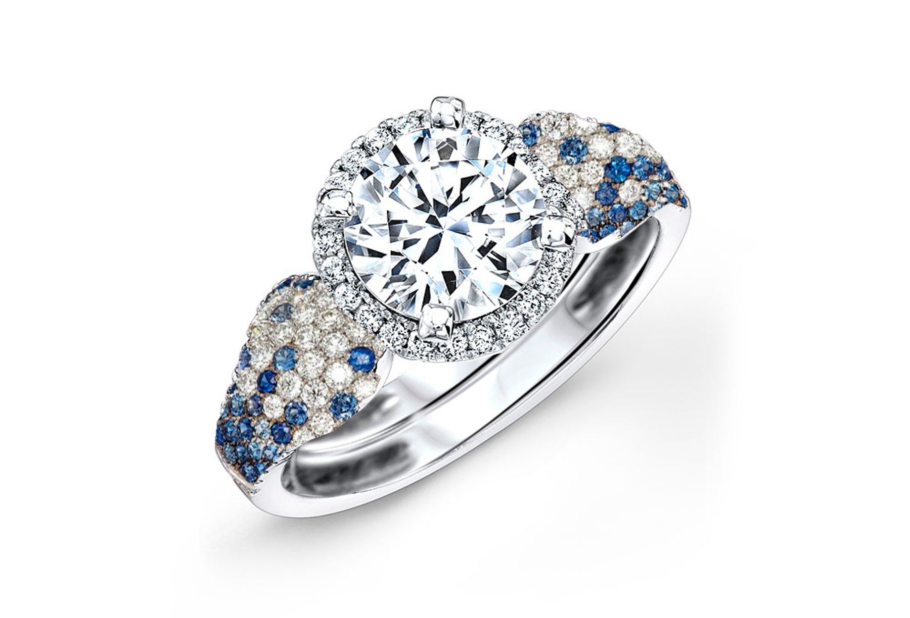 Made To Order Rings Featuring Delicate French Halo Pave Diamonds & Vivid Blue Sapphires