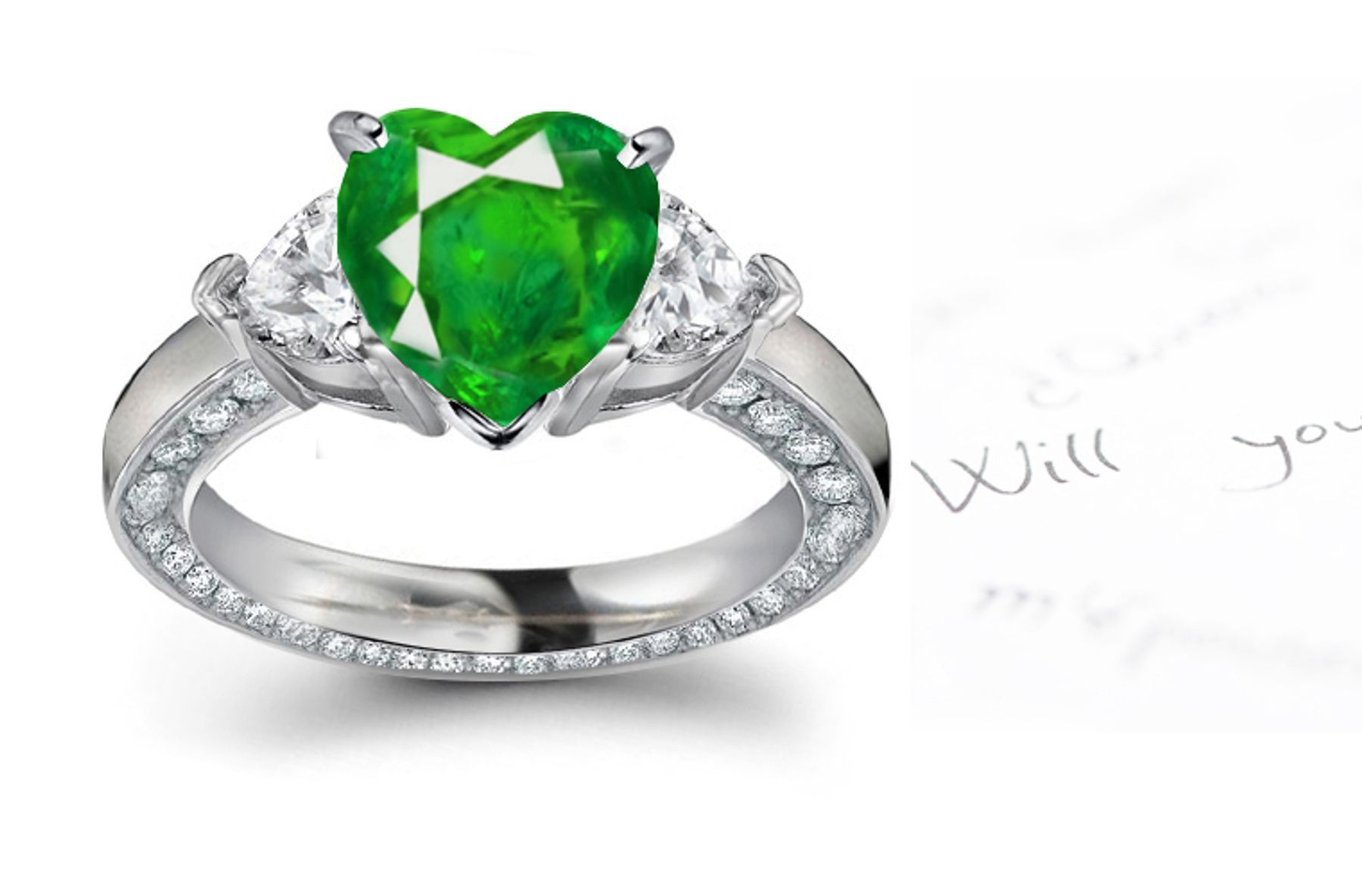 Three Stone Heart Emerald & Heart Diamond Halo Ring in Platinum & Gold