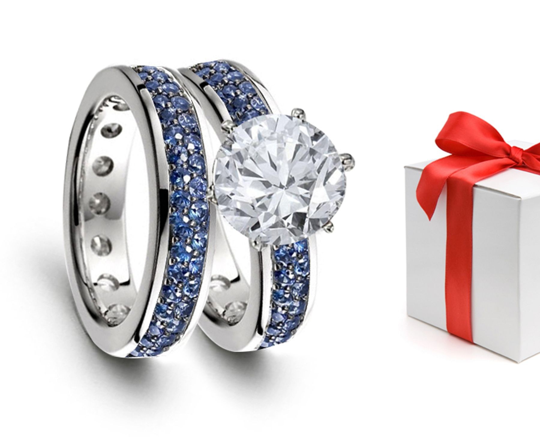 Blue Sapphire & Diamond Engagement & Wedding Rings Set