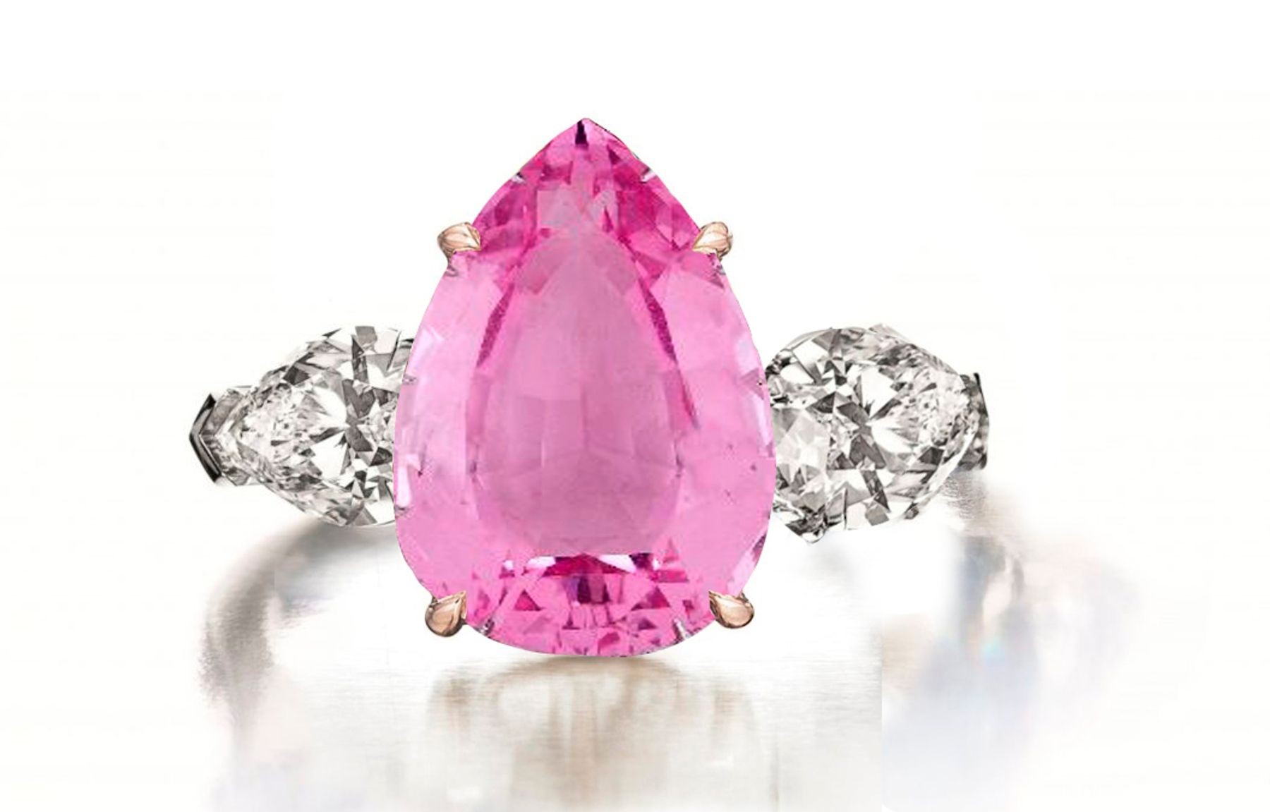 Custom Manufactured Three Stone Pear-Shaped Diamonds & Pink Sapphire Ring