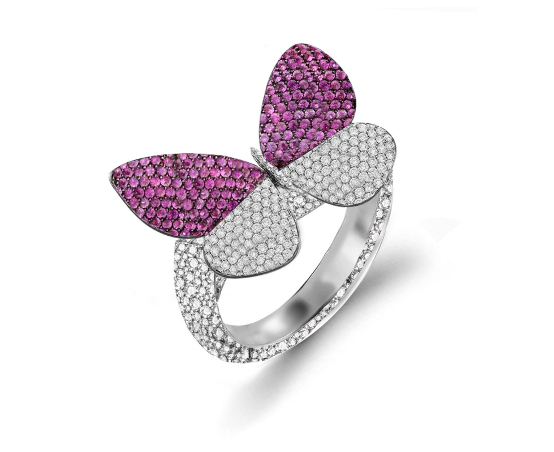 Delicate French Micro Pave Butterfly Rings Collection Featuring Vibrant Rainbow Colored Sapphires & Diamonds