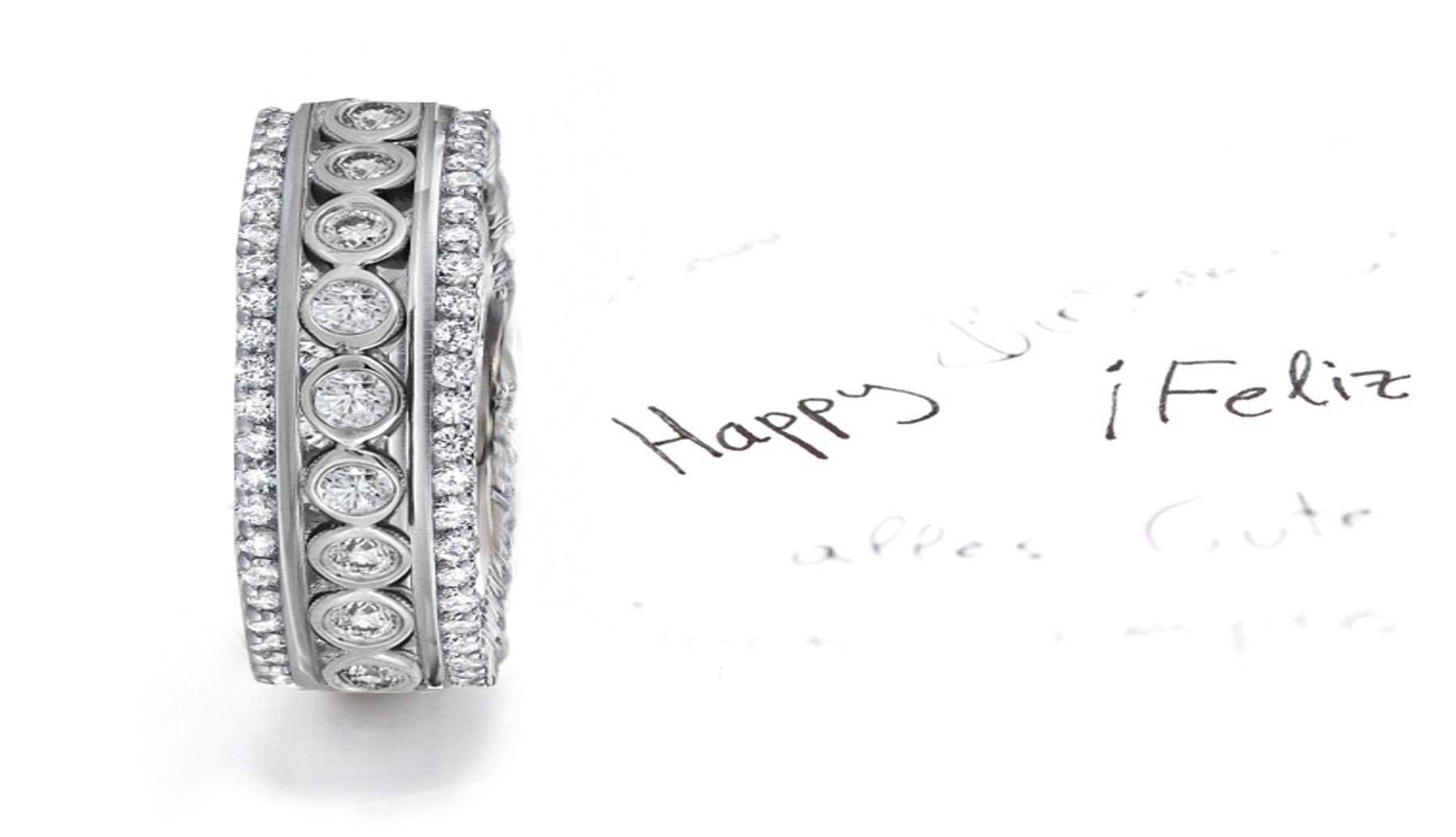 Stacks of Dazzling Bands: View This Center Row of Bezel-Set & Channel Set Diamonds Embraced by Eternal Infinite Row of Diamonds