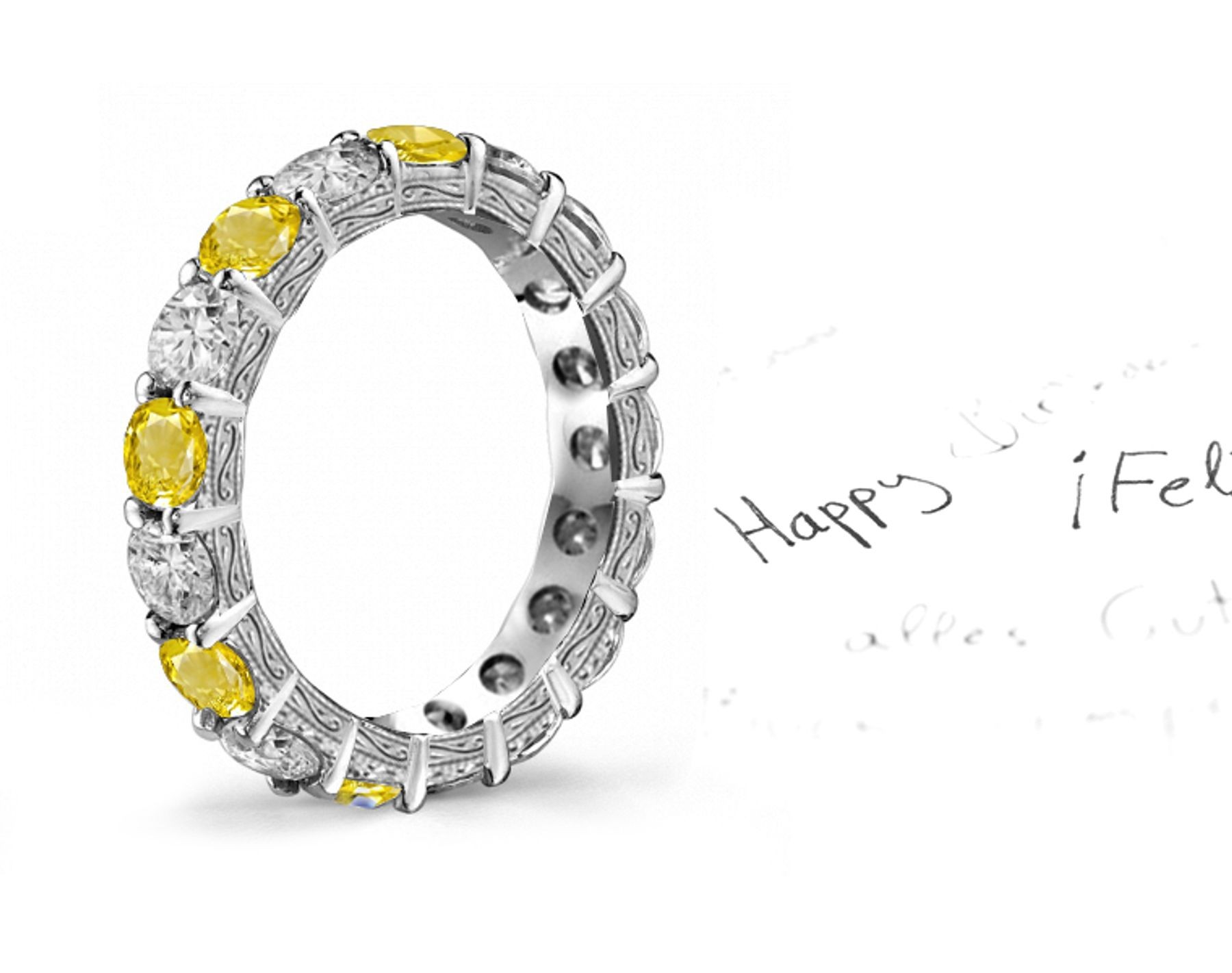 Engraved Diamond & Sapphire Wedding Rings