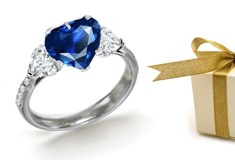 Rare Gems Centerpieces: Sophisticated Heart Diamond & Heart Sapphire 3 Stone Ring
