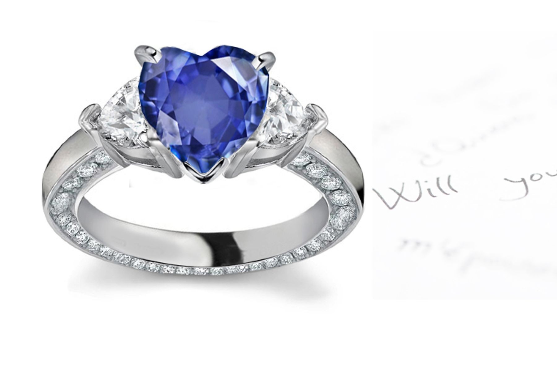 Three Stone Heart Blue Sapphire & Heart Diamond Engagement Platinum Ring