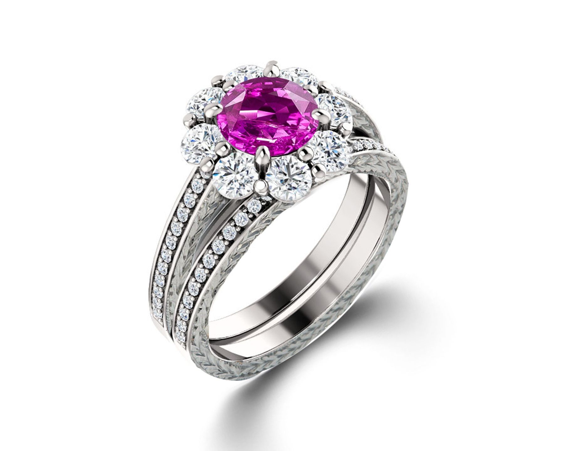 Delicate Micro Pave Halo Vivid Flower Pink Sapphires & Brilliant-Cut Round Diamonds Designer Engagement Rings