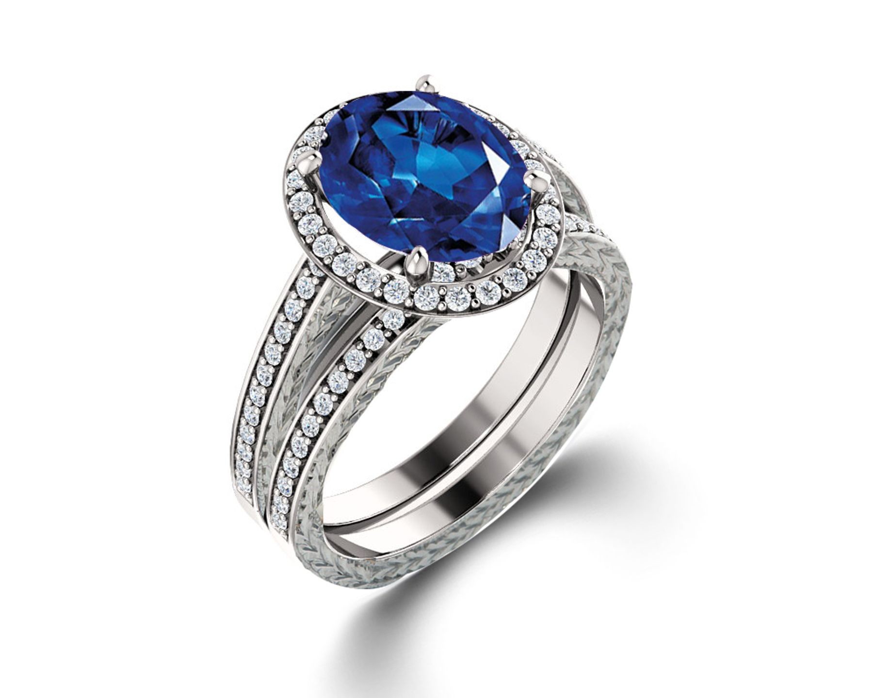 Delicate Micro Pave Halo Vivid Blue Sapphires & Brilliant-Cut Round Diamonds Designer Engagement Rings