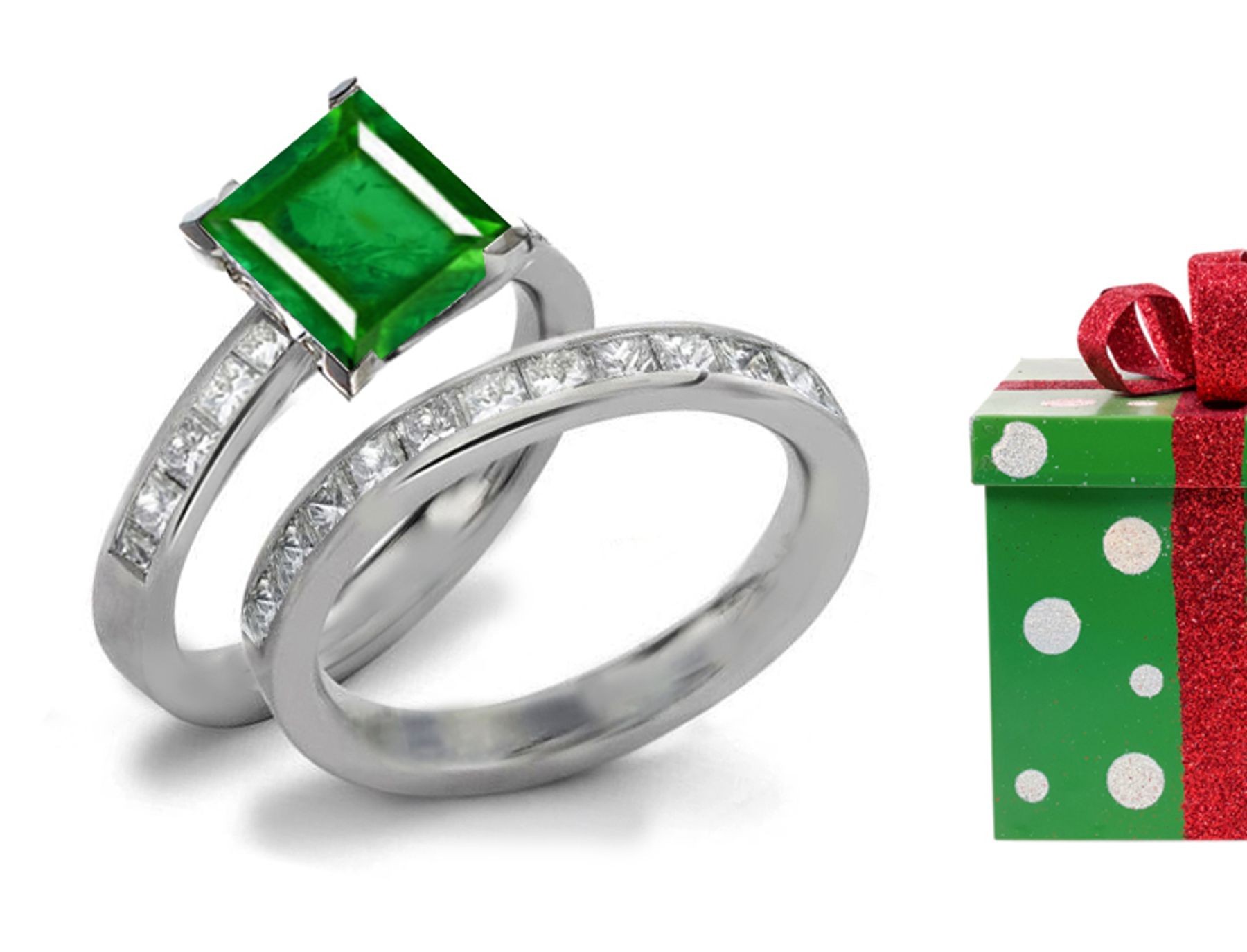 14k Princess Cut Emerald & Diamond Ring Paired with Princess Cut Diamond Band