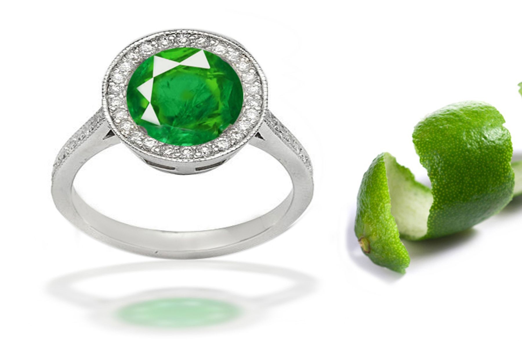 Ascent and Descent: Bezel & French Pave Set Diamond Halo Surrounding The Center Round Richly Cut Green Emerald