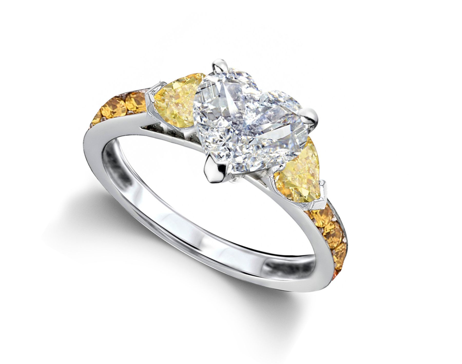 Heart Diamond & Yellow Sapphire Three Stone Engagement Ring With Side Accents