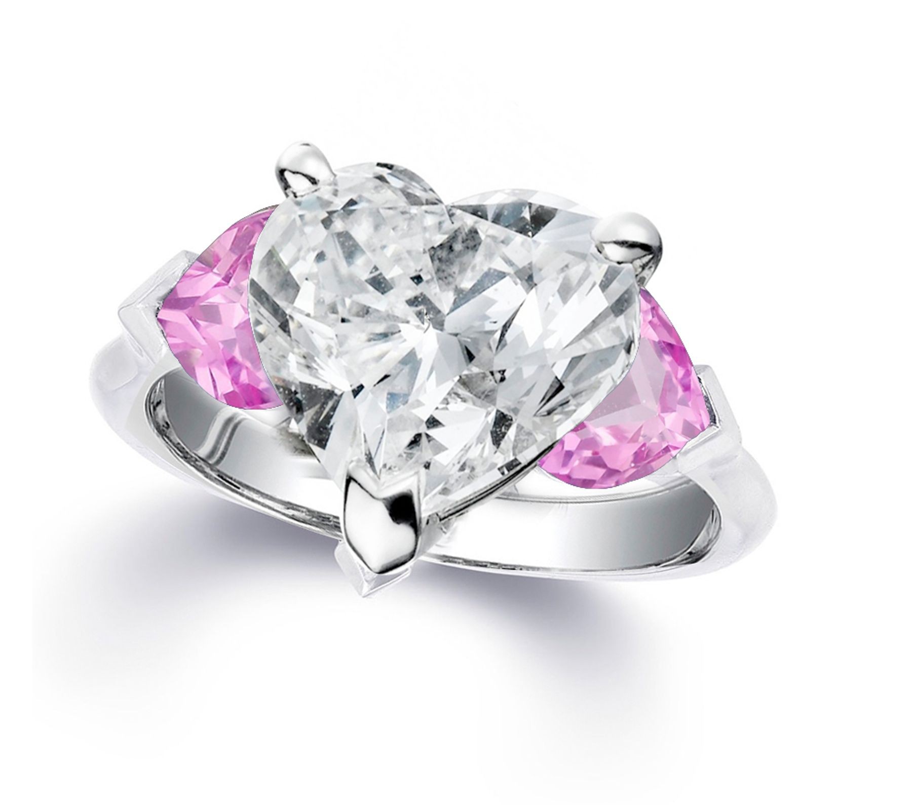 Custom Manufactured Three Stone Heart-Shaped Pink Sapphires & Diamond Ring