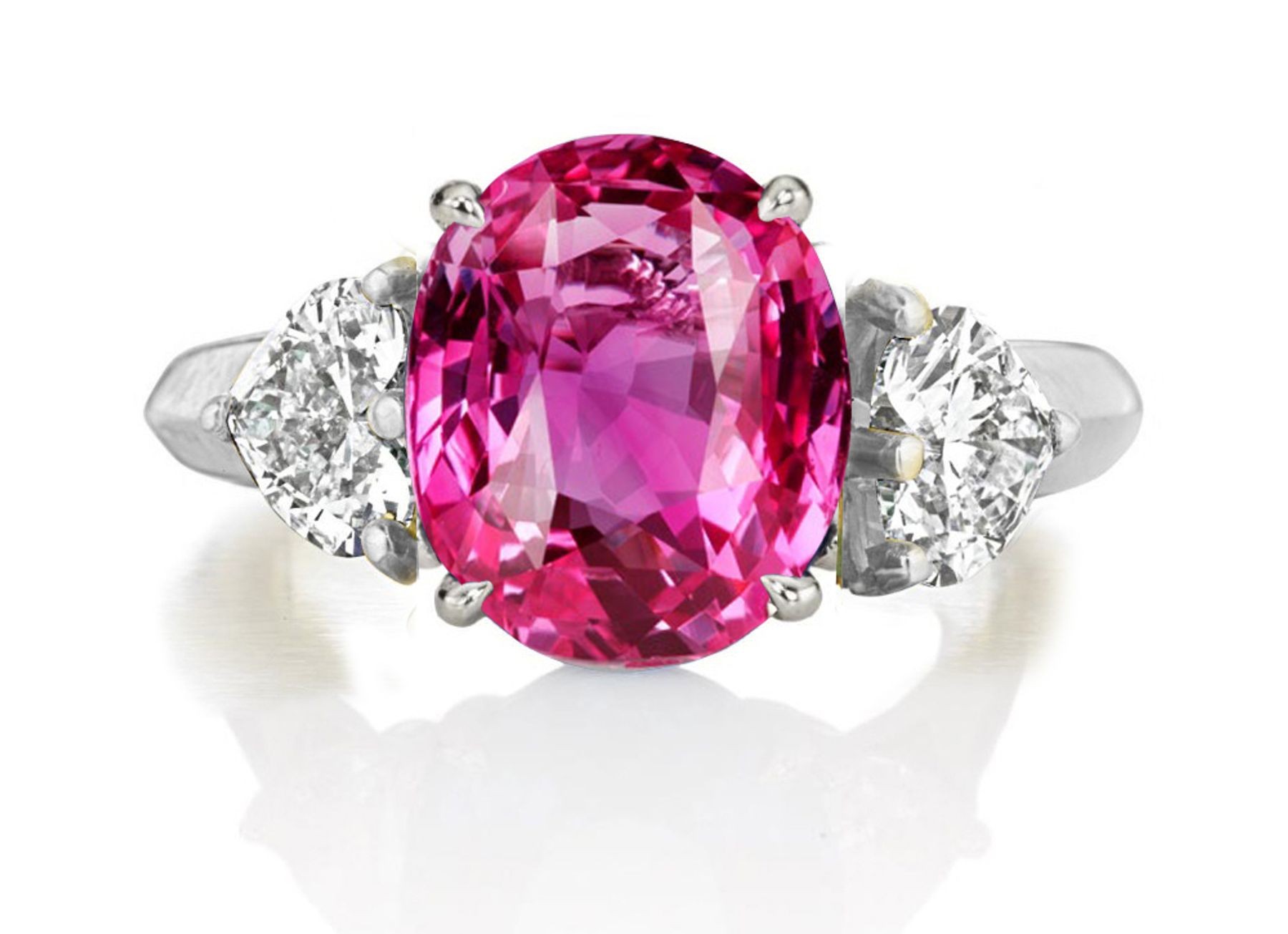 Premium Quality Unique Heart Shaped Diamonds & Pink Sapphire Oval Three Stone Rings