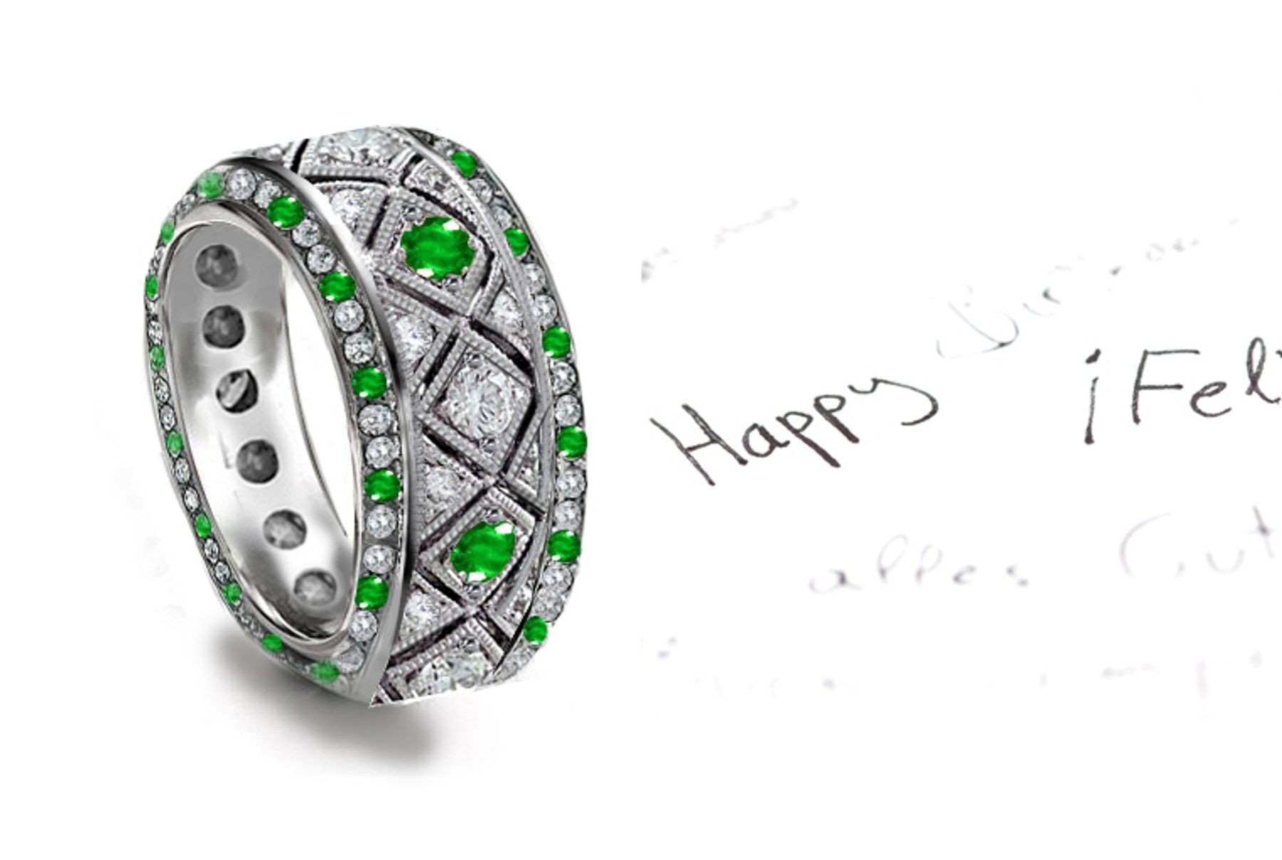 Finely Crafted: Emerald & Diamond Opn Work Milgrain Eternity Band