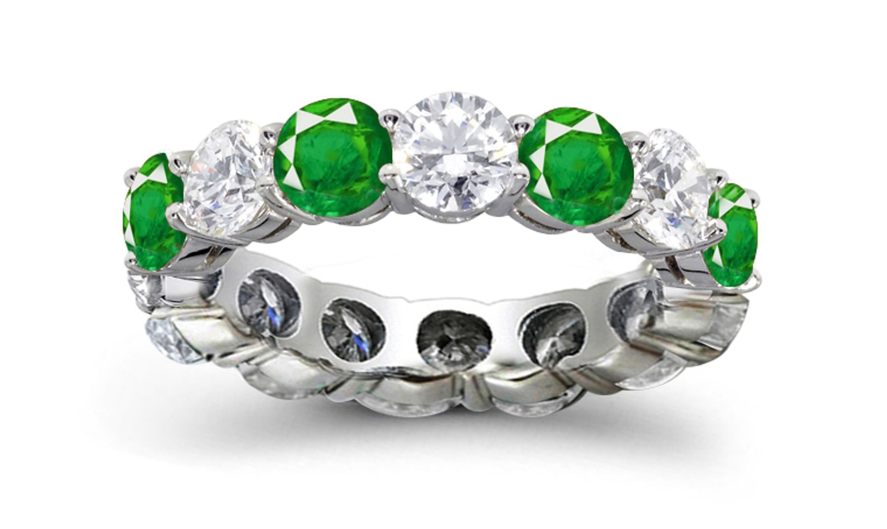 Classic: Prong Set Round Emerald & Diamond Eternity Ring in Platinum & Gold