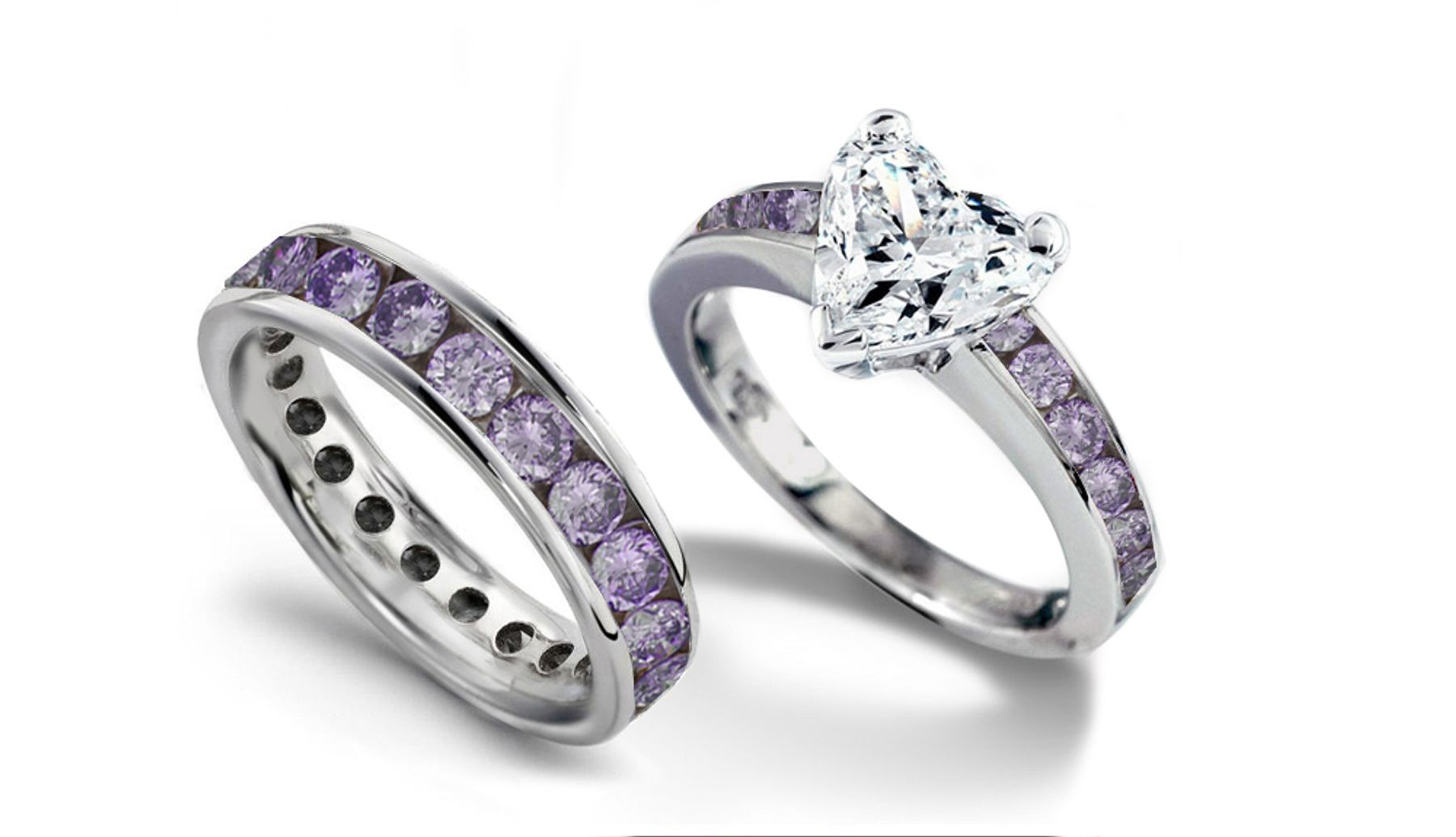 Puple Diamond Wedding Eternity Band & Matching Engagement Ring with Heart Diamond atop Purple Diamond Band