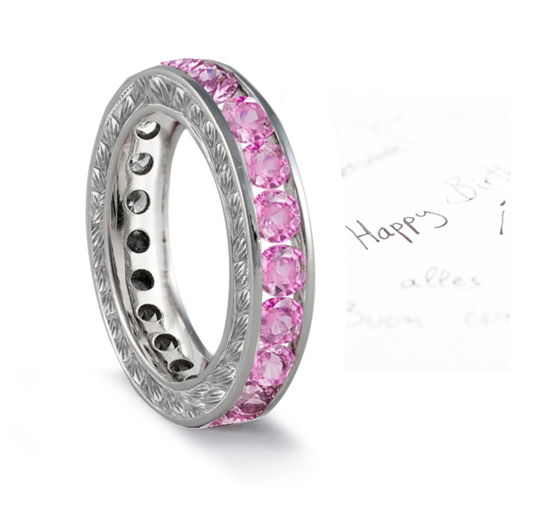 Pink Sapphire Engraved Wedding Bands