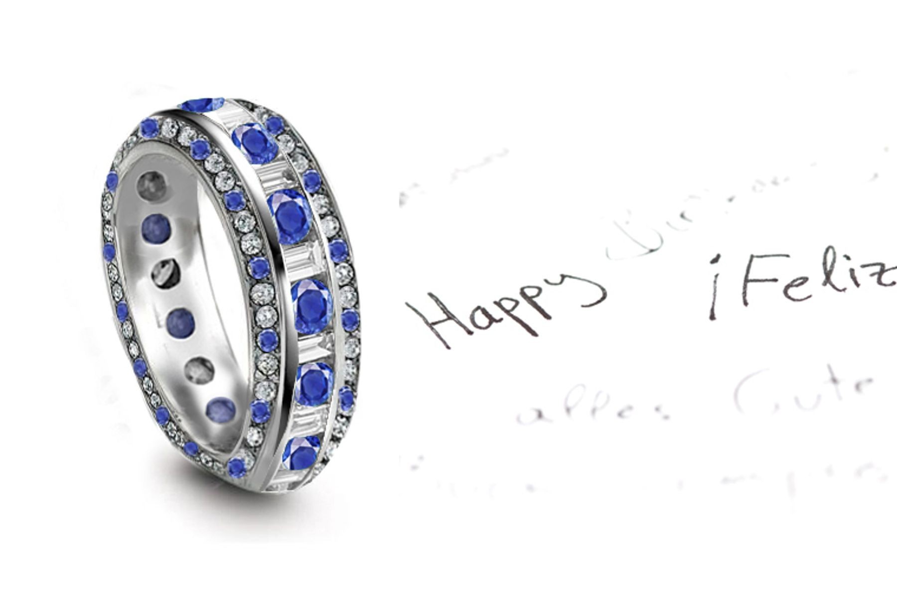 "Lifetime": Vibrant Blue Sapphire & Diamond Halo Eternity Ring in Gold