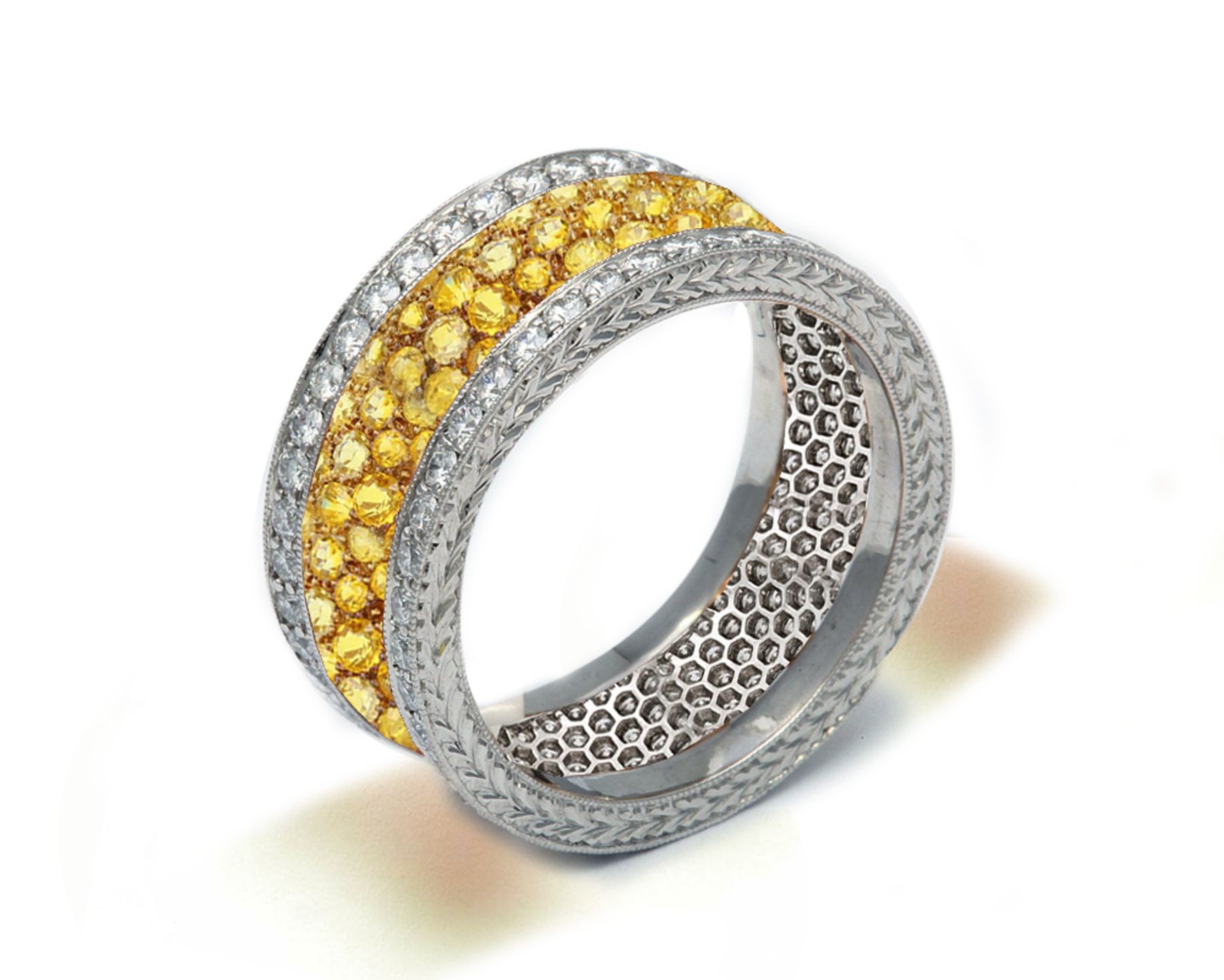 Delicate Women's Eternity Rings Featuring Sunny Yellow Sapphires & Diamonds in Precision Micro pave Settings