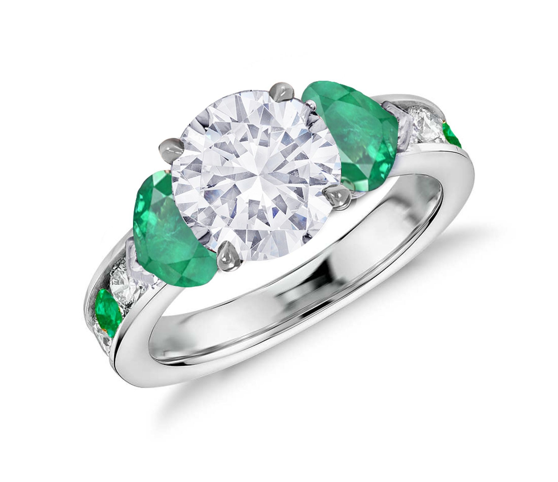 Three Stone Center Round Diamond & Heart Emeralds Ring