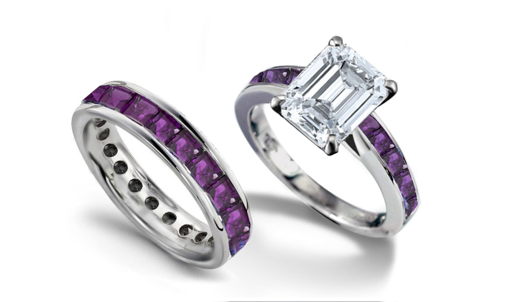Emerald Cut Diamond & Square Purple Sapphire Ring & Matching Wedding Band