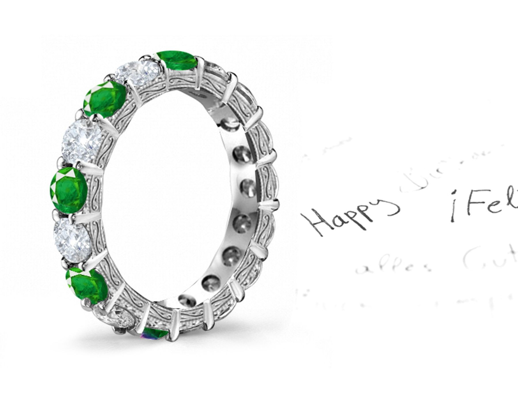 Hand Engraved: Floral & Leaf Motif Diamond & Emerald Wedding Band