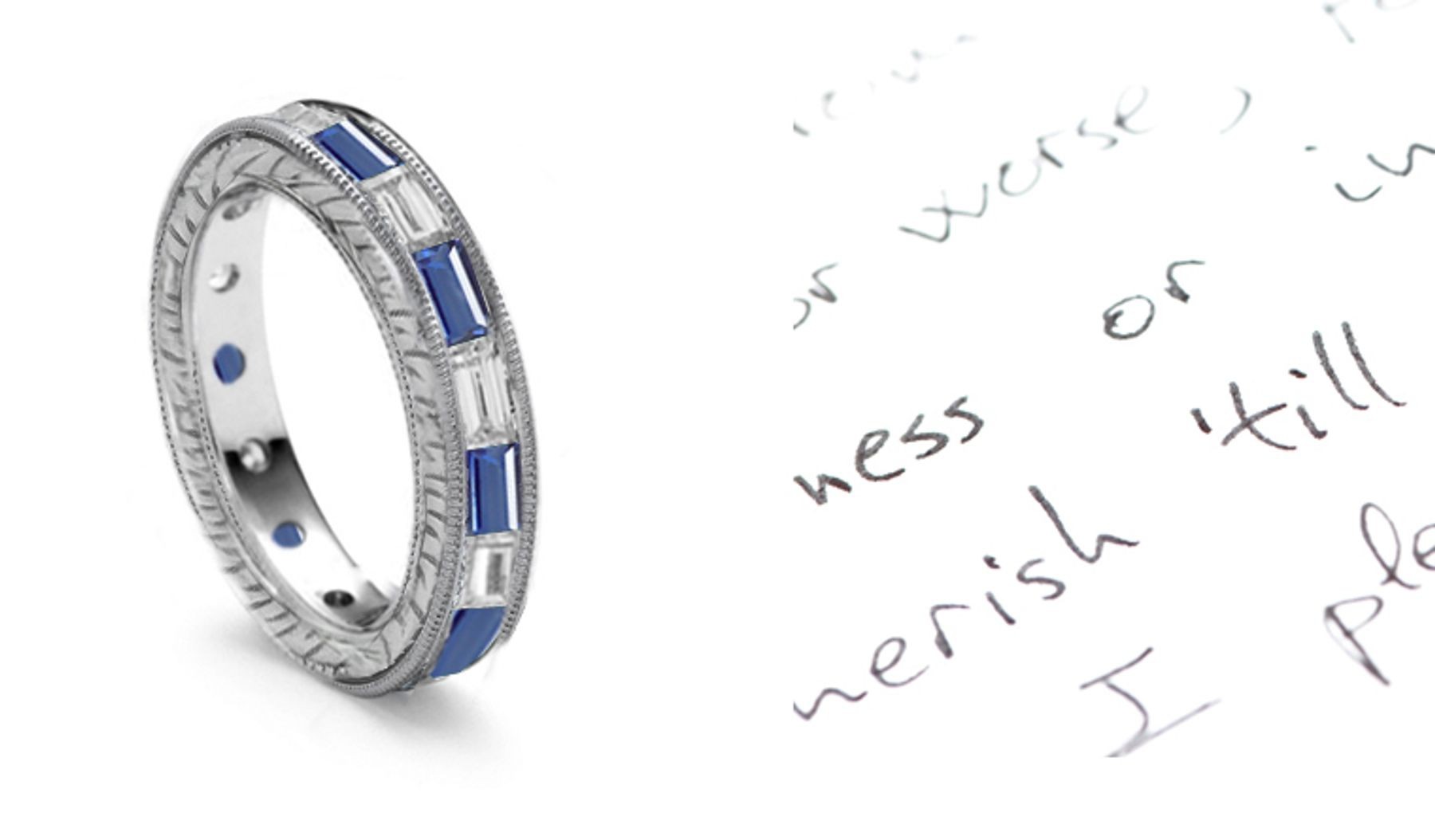 Cherish Forever: Baguette Diamond & Sapphire Eternity Srollwork Platinum Ring