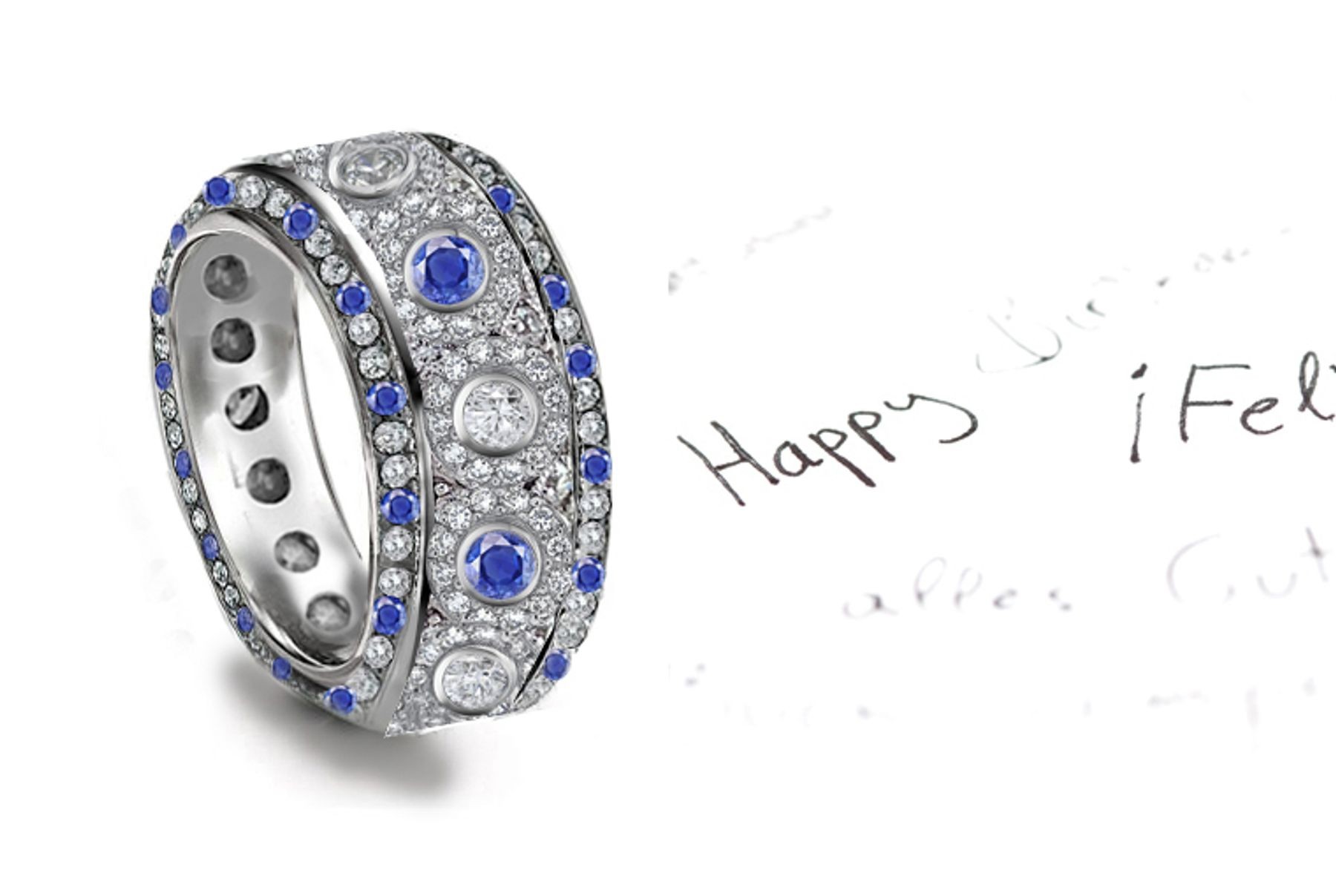 Unrepeatable: Micropavee Encrusted Blue Sapphire & Diamond & Diamond Halos Eternity Band All Around