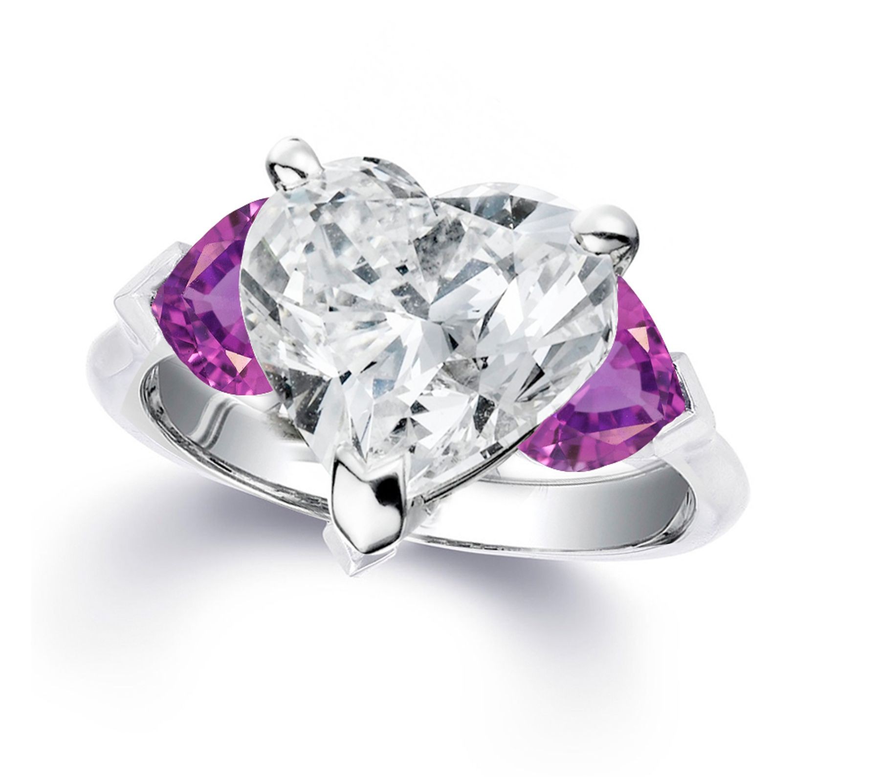 Custom Manufactured Three Stone Heart-Shaped Purple Sapphires & Diamond Ring