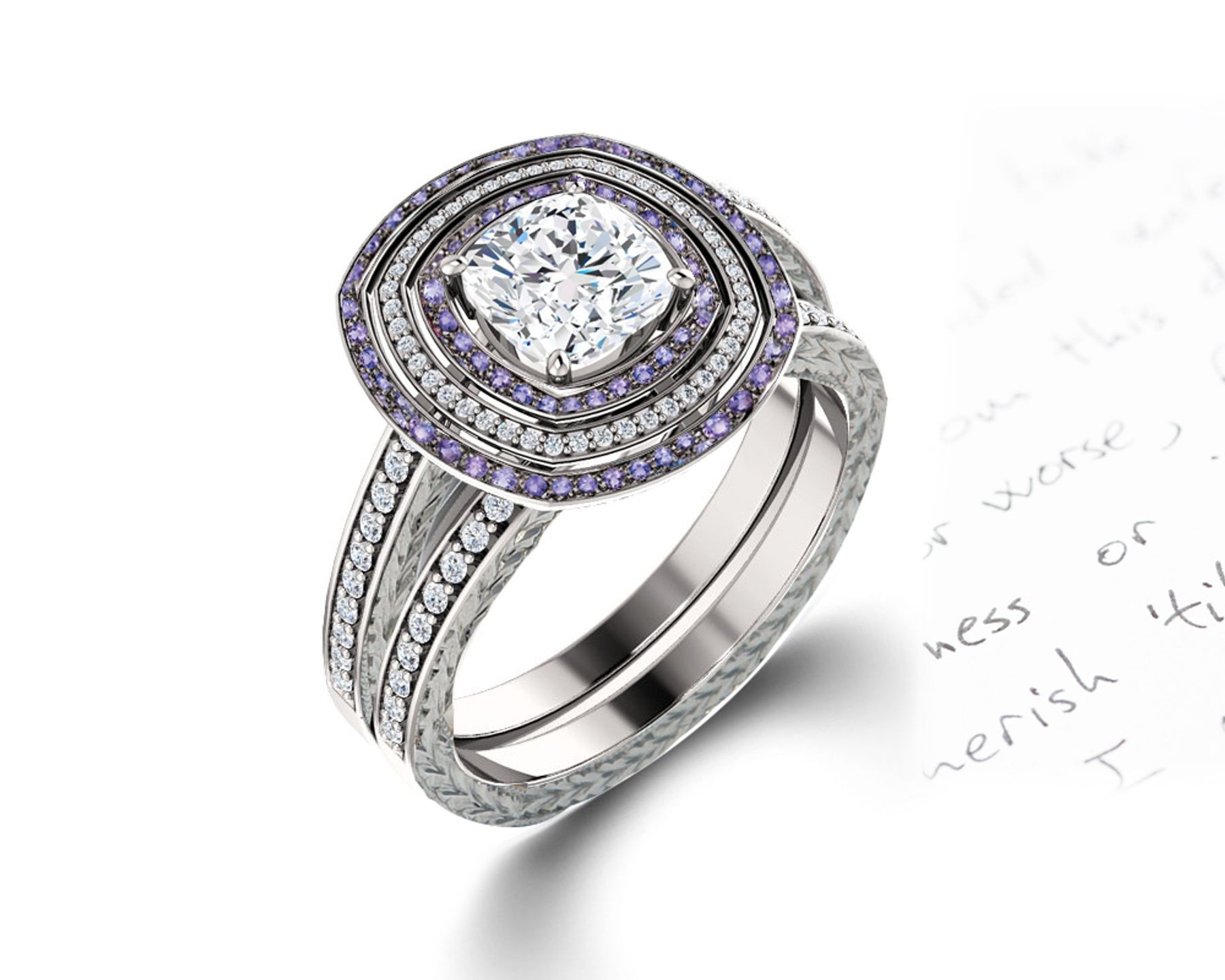 Delicate Micro Pave Halo Vivid Purple Sapphires & Brilliant-Cut Round Diamonds Designer Engagement Rings