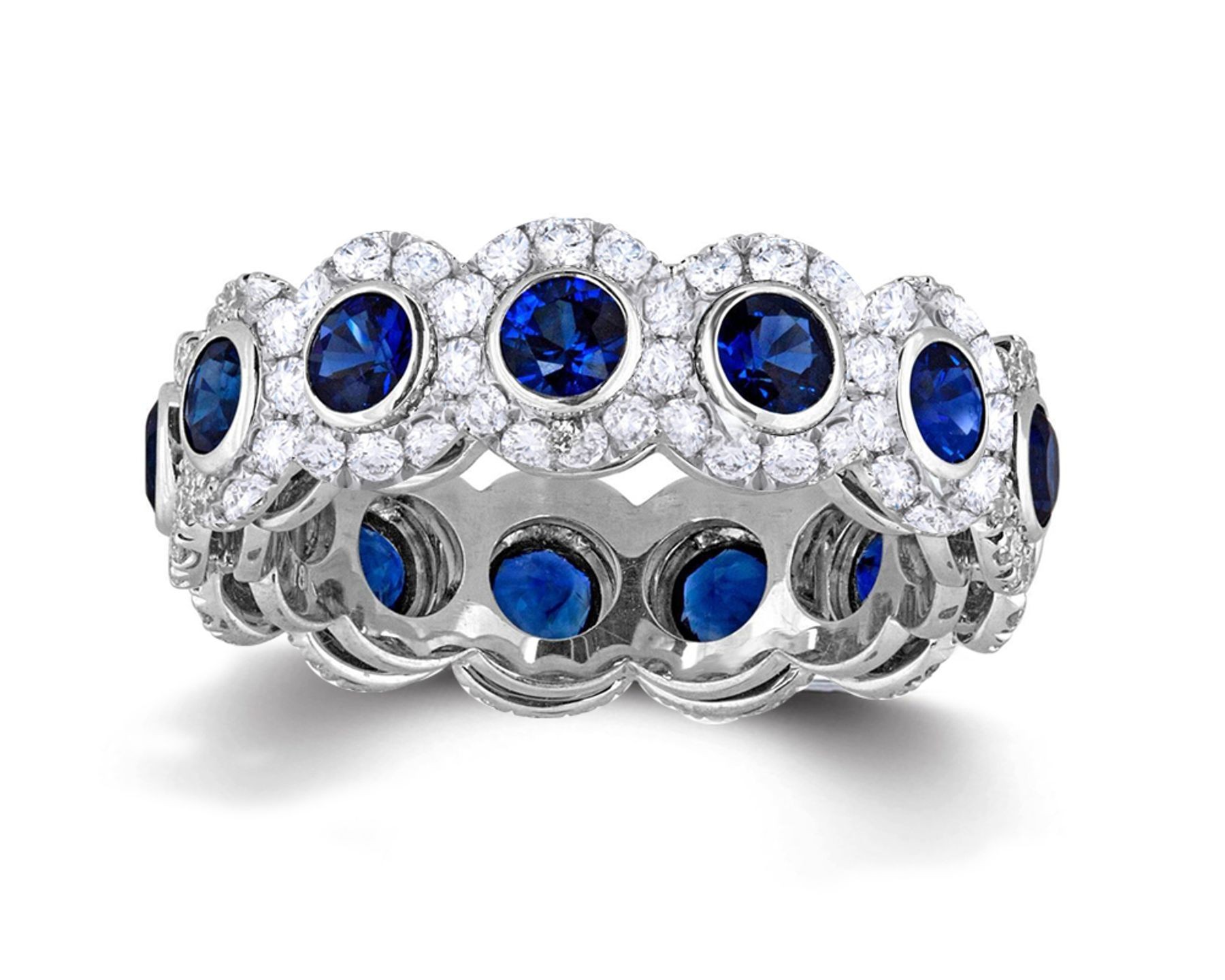 Shop Fine Quality Made To Order Round pave Prong Bezel Set Diamond & Blue Sapphire Eternity Style Wedding Bands