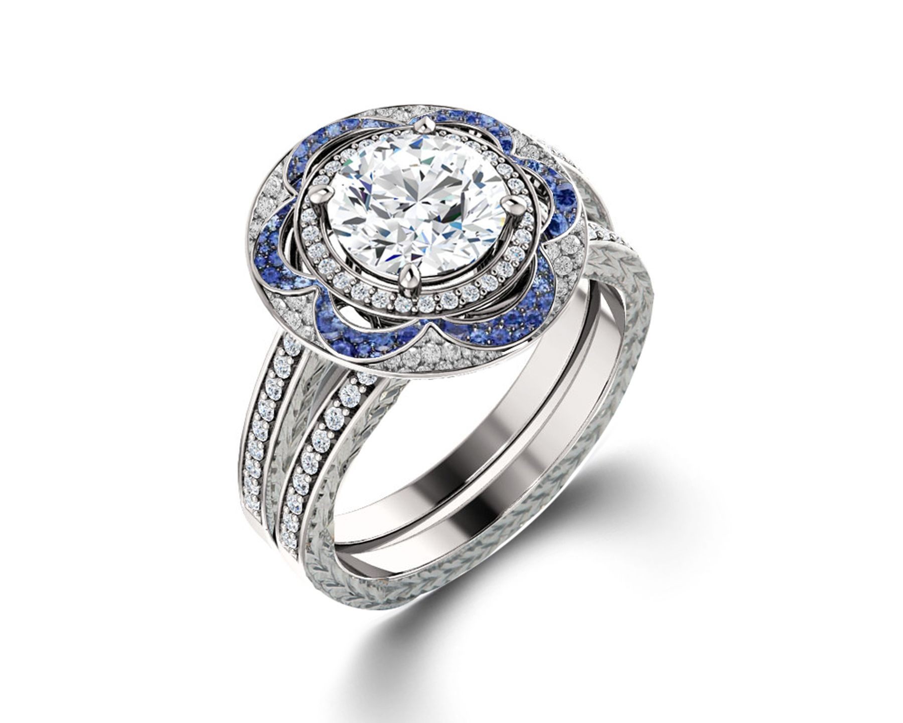 Delicate Micro Pave Halo Vivid Flower Blue Sapphires & Brilliant-Cut Round Diamonds Designer Engagement Rings